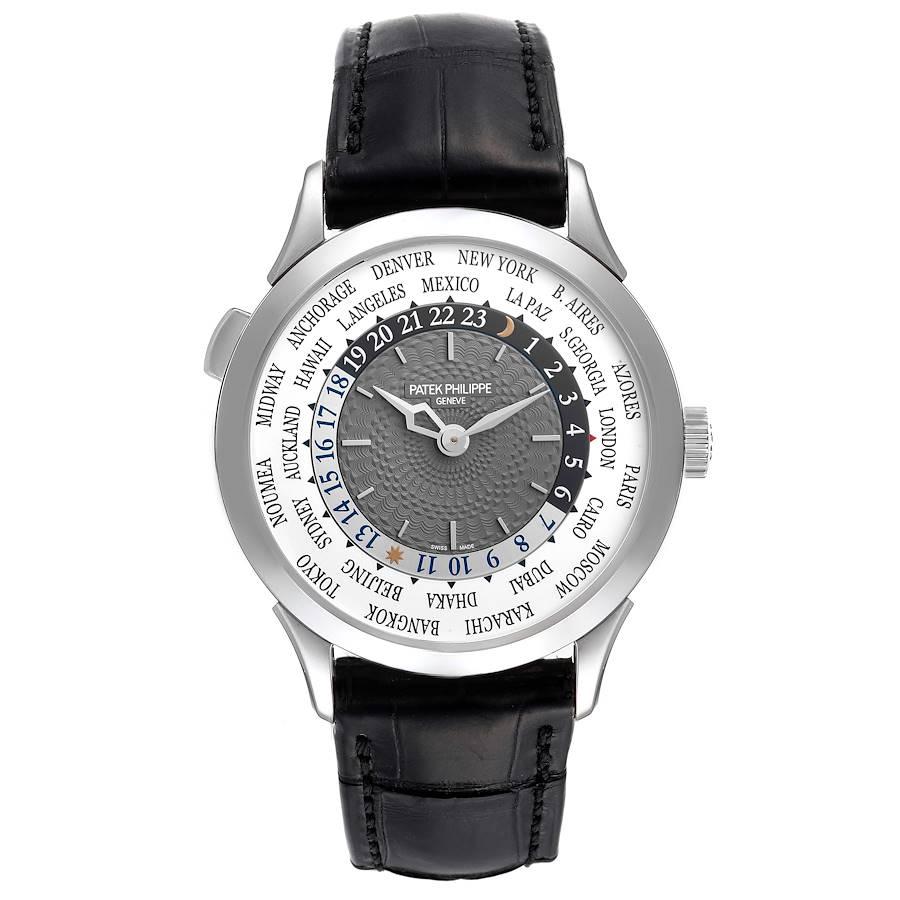 Patek Philippe World Time Complications White Gold Mens Watch 5230G. Automatic self-winding movement. World Time, GMT, Second Time Zone, Hour, Minute, Day/Night Indicator. 18k white gold case 38.5 mm in diameter. Pusher at 10 o'clock to change