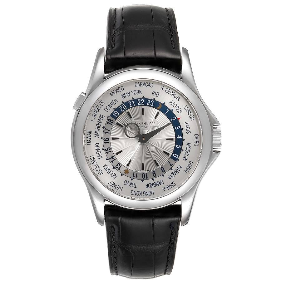 Patek Philippe World Time Complications White Gold Watch 5130 Box Papers. Automatic self-winding movement. Nickel lever movement, stamped with the PP seal, mono-metallic balance, 22k gold micro-rotor . 18k white gold case 39.5 mm in diameter. Crown
