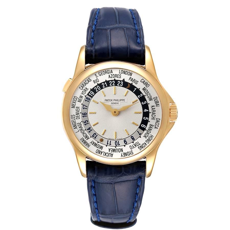 Patek Philippe World Time Complications Yellow Gold Mens Watch 5110. Automatic self-winding movement. Rhodium-plated with fausses cotes embellishment. Straight-line lever escapement, a 22K gold mini rotor, an anti-shock device, and a monometallic