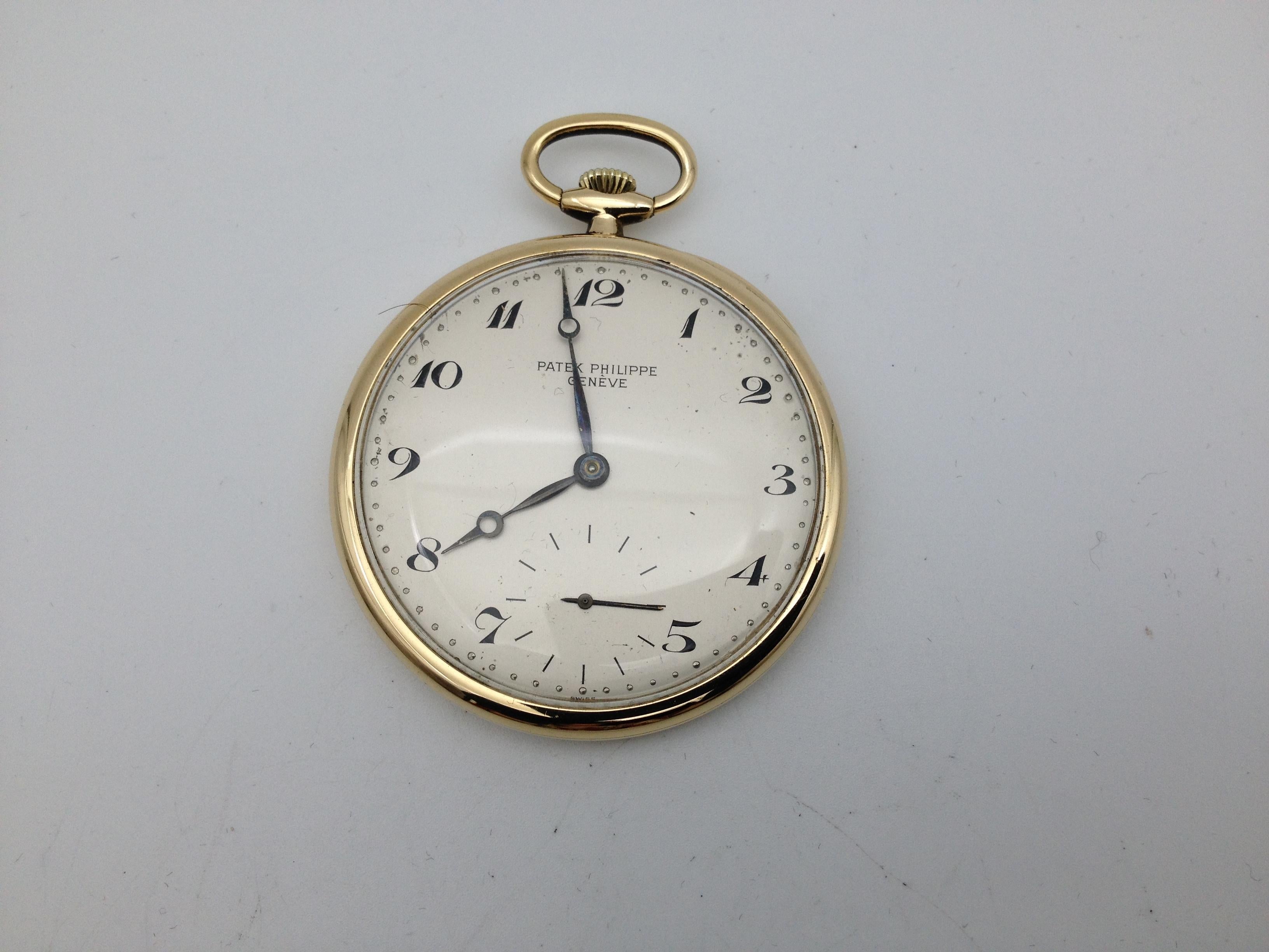 Patek Philippe solid yellow gold 18 karats men's pocket watch with manual charge, REF 652/1, 44 mm, weight 55.8 gr.


We give our warranty within three months for mechanical issues excluding not correct usage, hits and water resistance.
