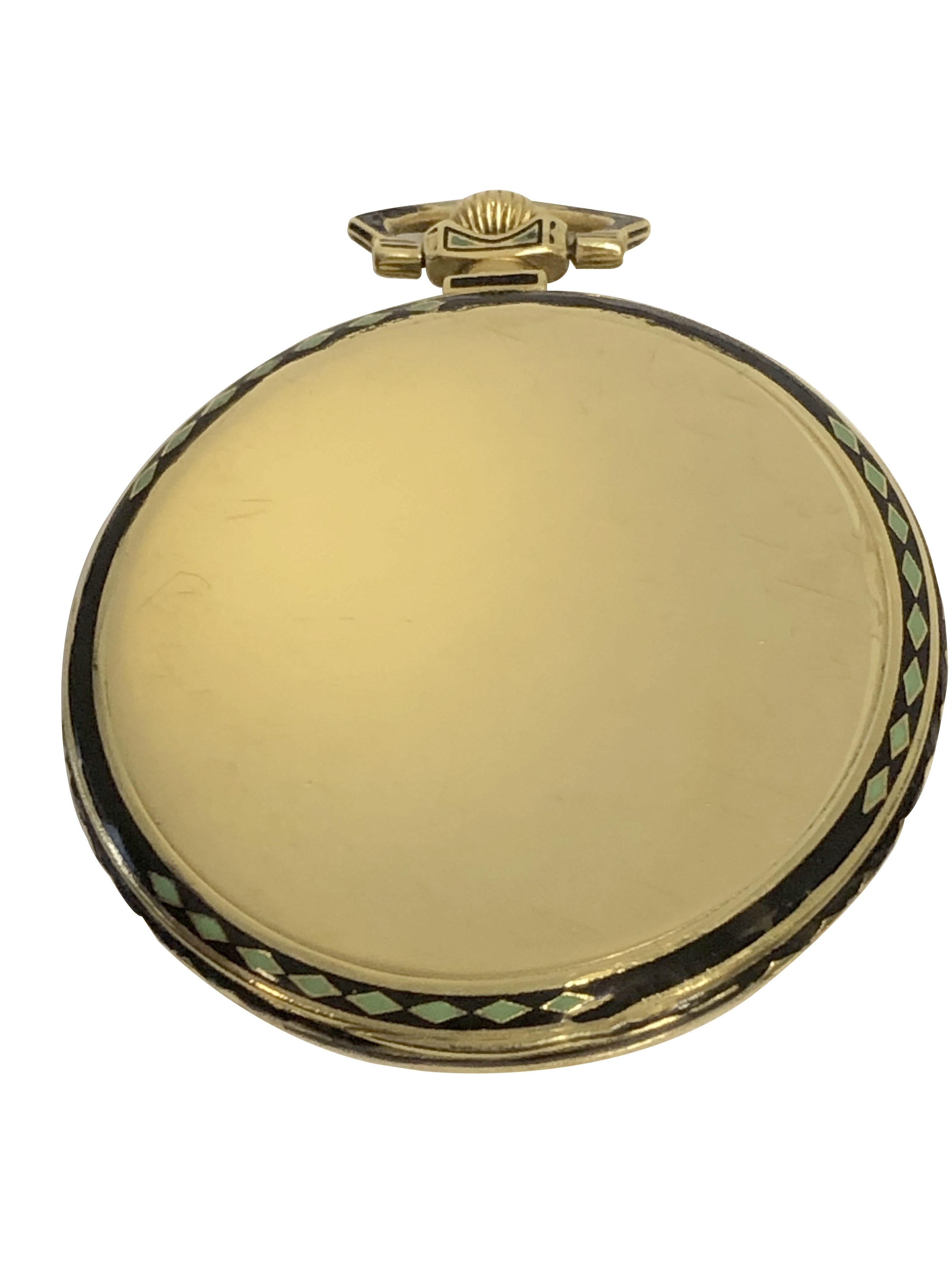Circa Late 1920's Patek Philippe Pocket Watch, 45 M.M 18k Yellow Gold 3 piece case with Black and Green Enamel, 18 Jewel Nickle Lever, mechanical, manual wind movement, Silver satin dial with raised Gold markers and 