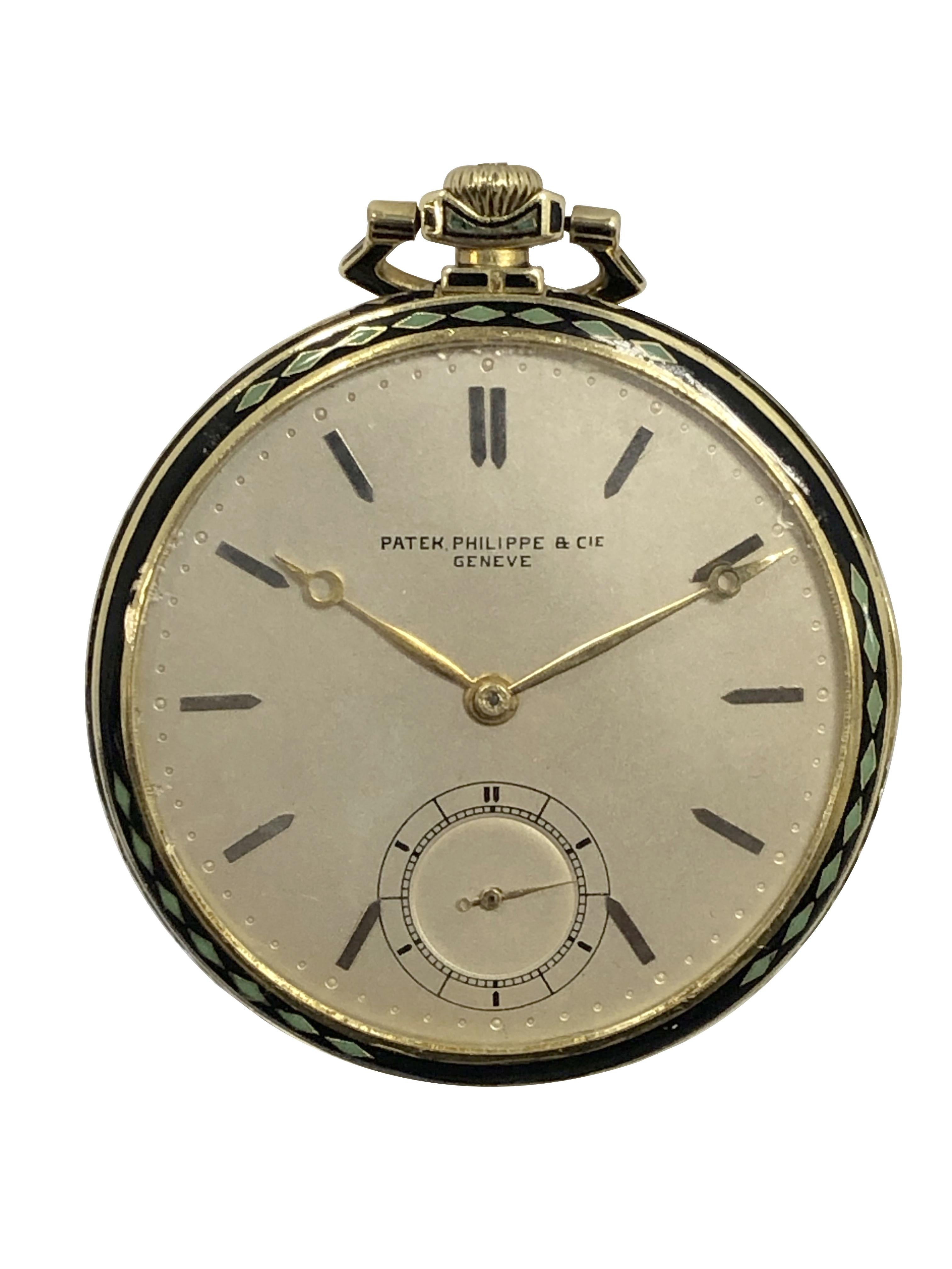 Patek Philippe Yellow Gold and Enamel Art Deco Pocket Watch  In Excellent Condition For Sale In Chicago, IL
