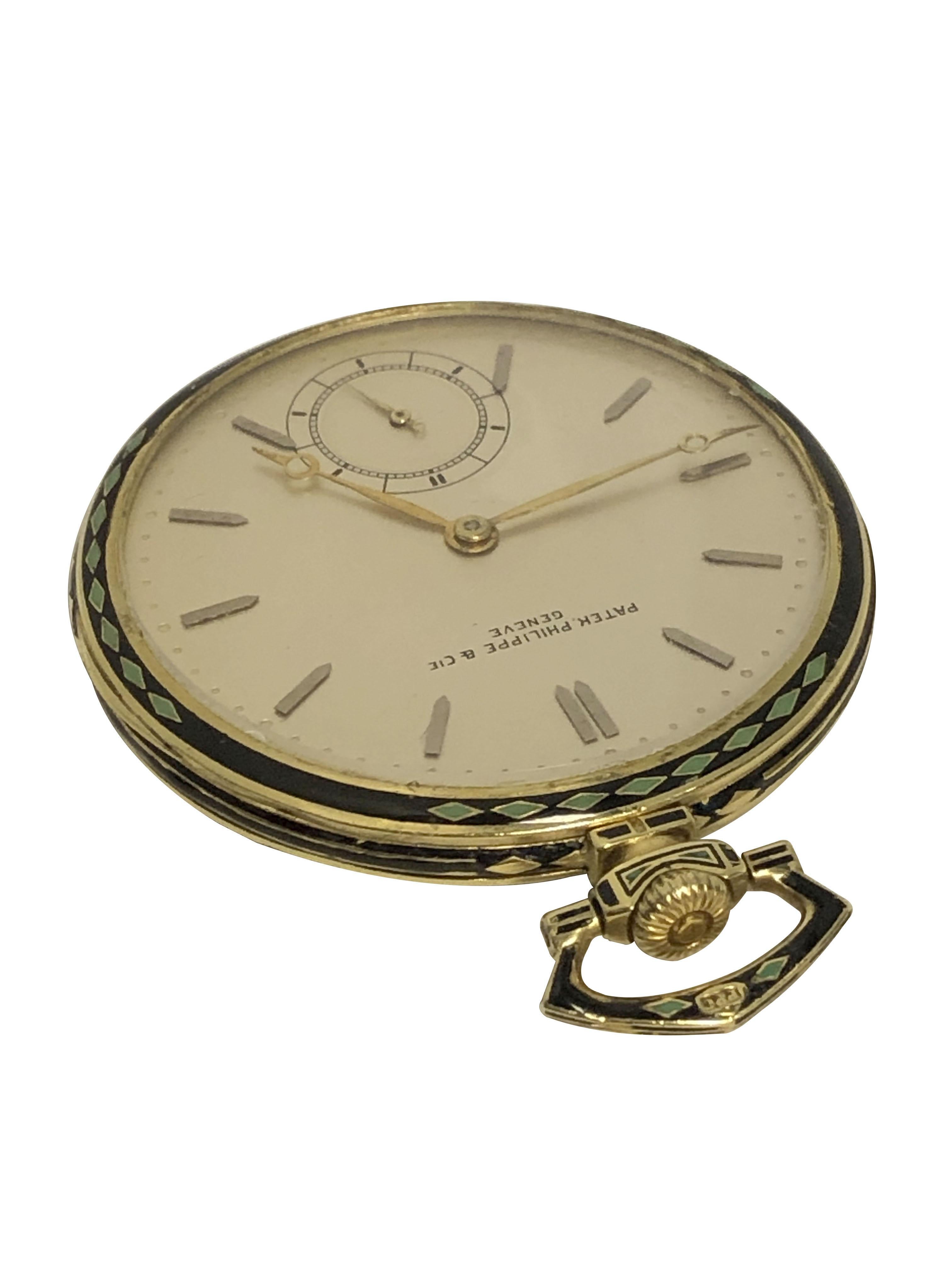 Women's or Men's Patek Philippe Yellow Gold and Enamel Art Deco Pocket Watch  For Sale