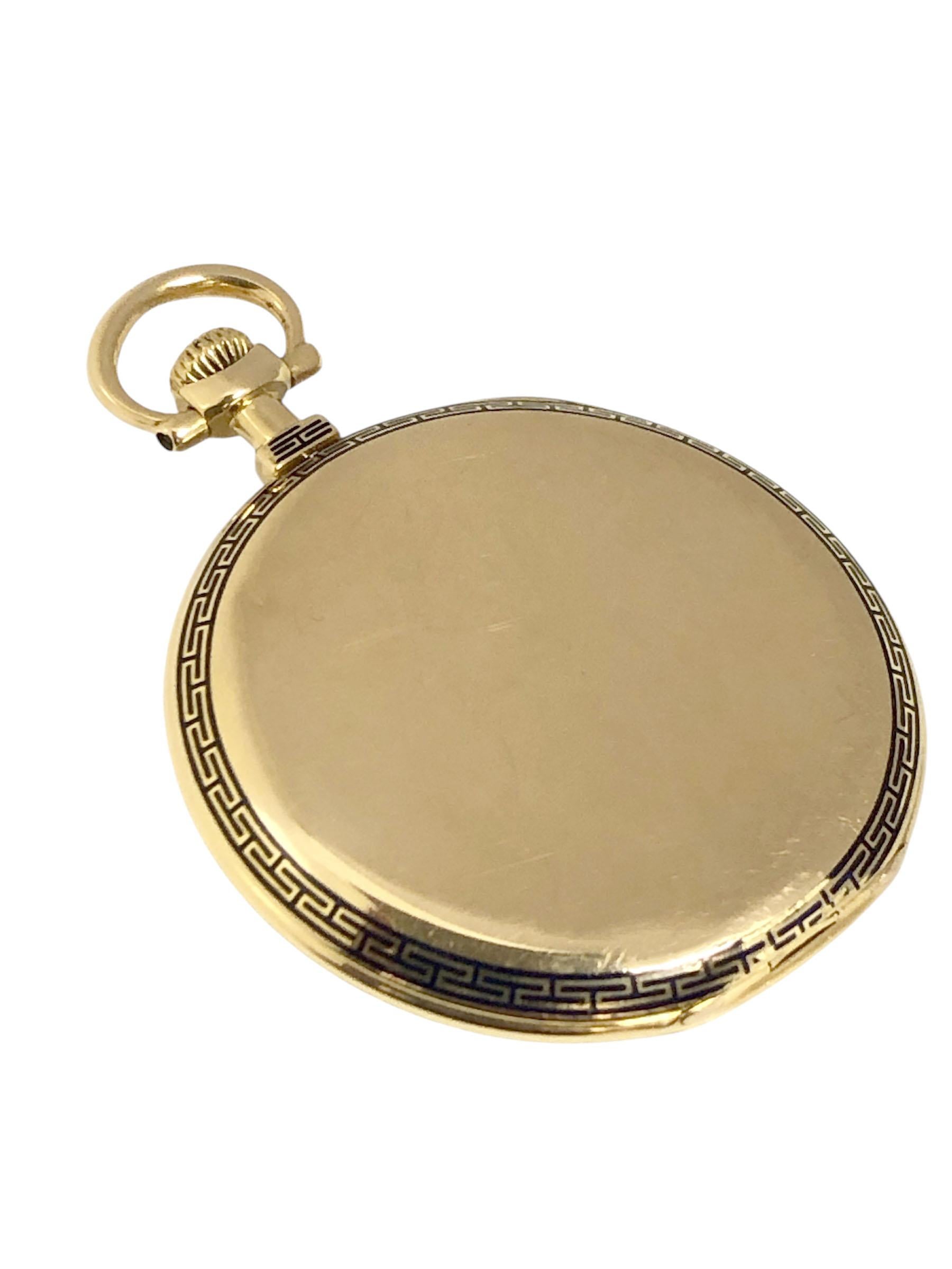 Circa 1913 Patek Philippe Pocket Watch for Retailer Spaulding and Company , 45 M.M. 18k Yellow Gold 4 piece case including the Yellow Gold Cuvette (Dust Cover) Greek Key Pattern Blue Enamel Bezel on both front and back. 18 Jewel Mechanical , Manual