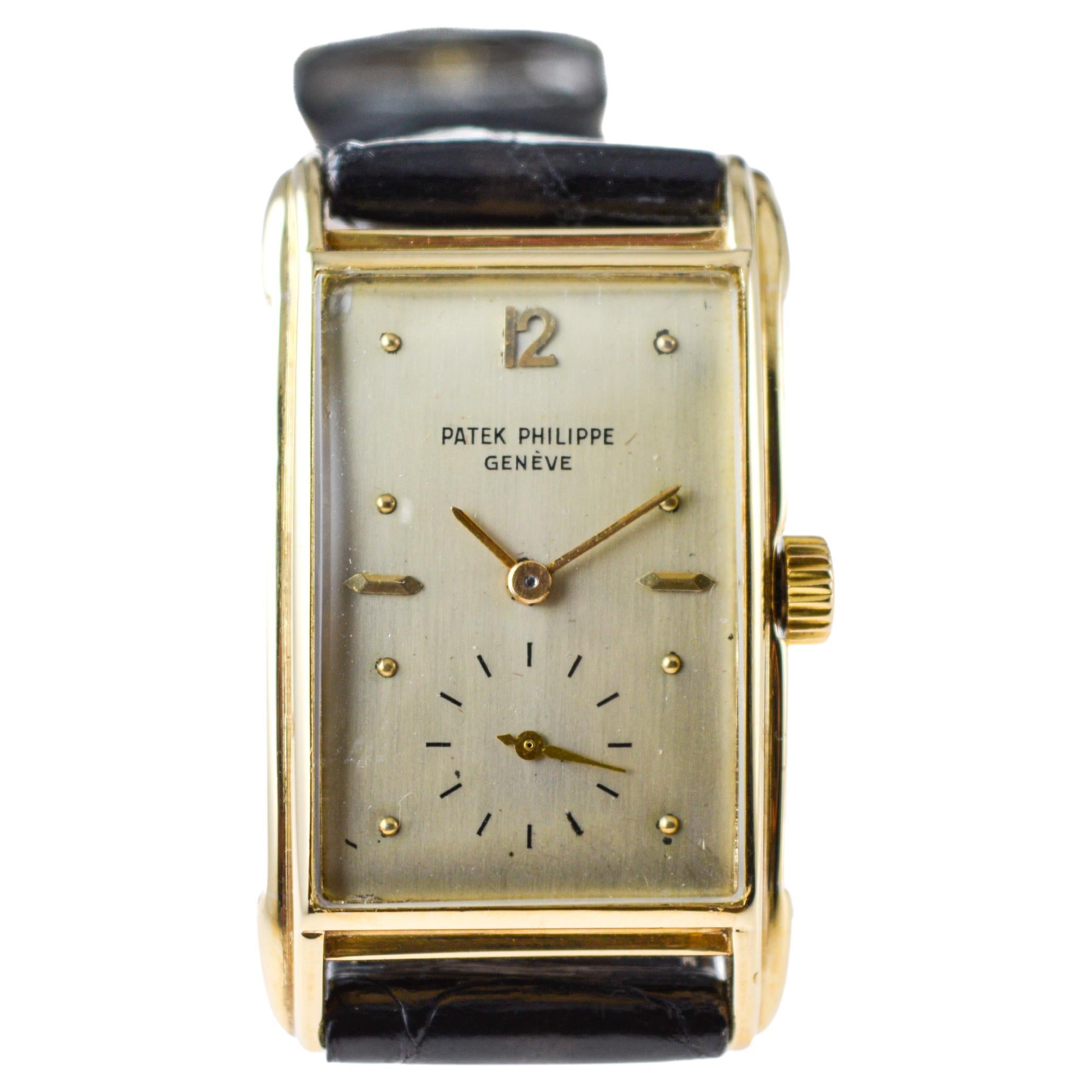 Patek Philippe Yellow Gold Art Deco Style Manual Watch, circa 1948 with Archival For Sale 4