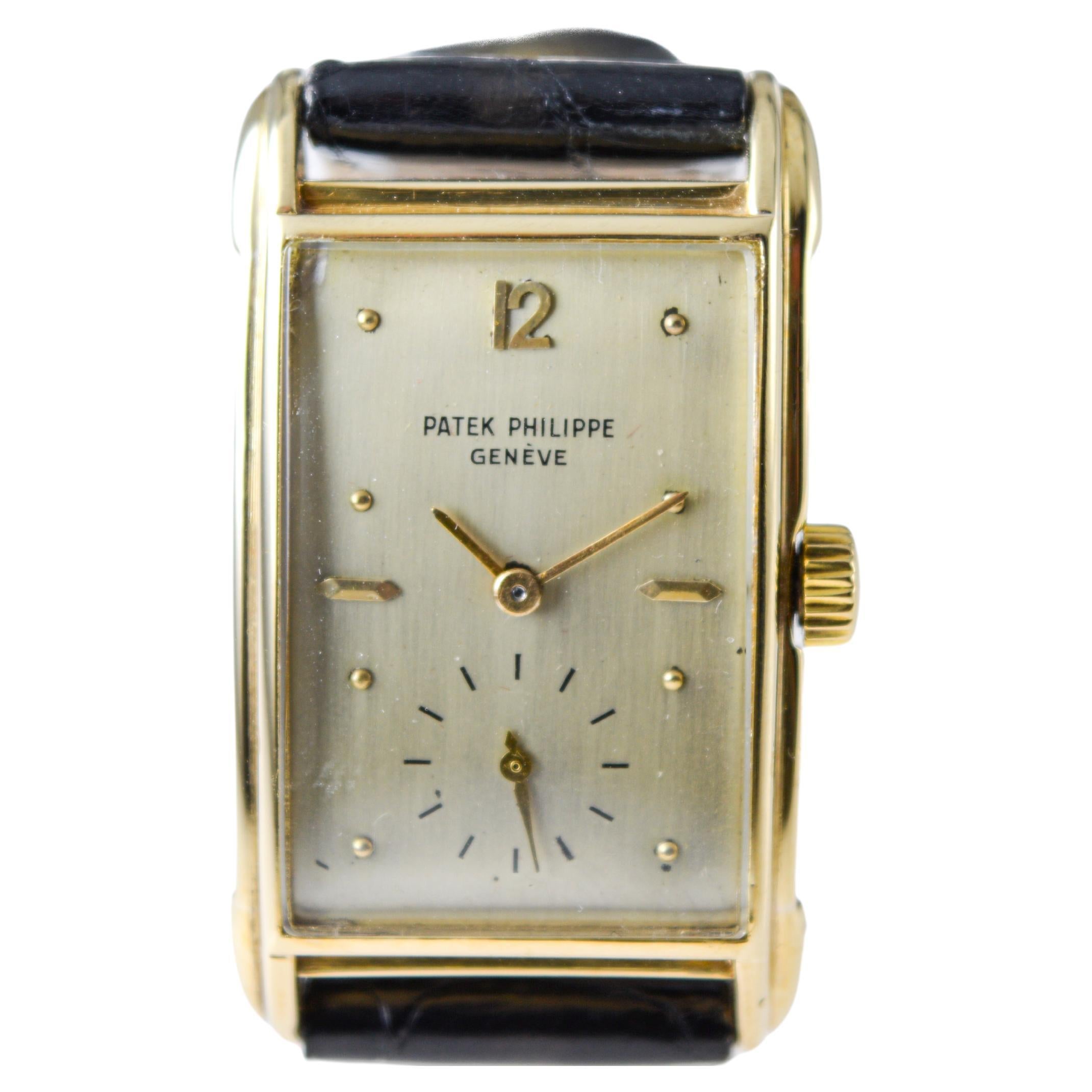 Patek Philippe Yellow Gold Art Deco Style Manual Watch, circa 1948 with Archival For Sale 5