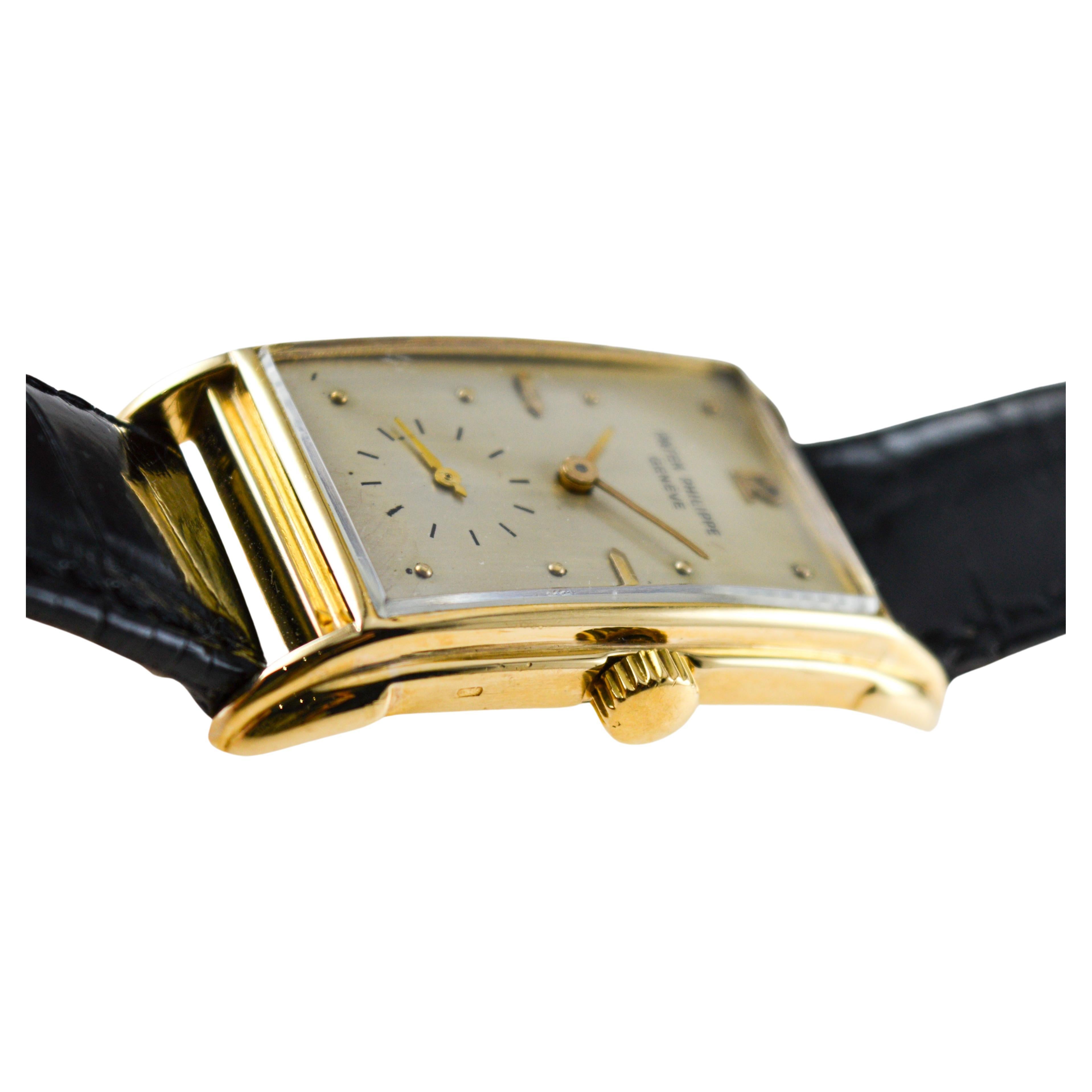 Patek Philippe Yellow Gold Art Deco Style Manual Watch, circa 1948 with Archival For Sale 7