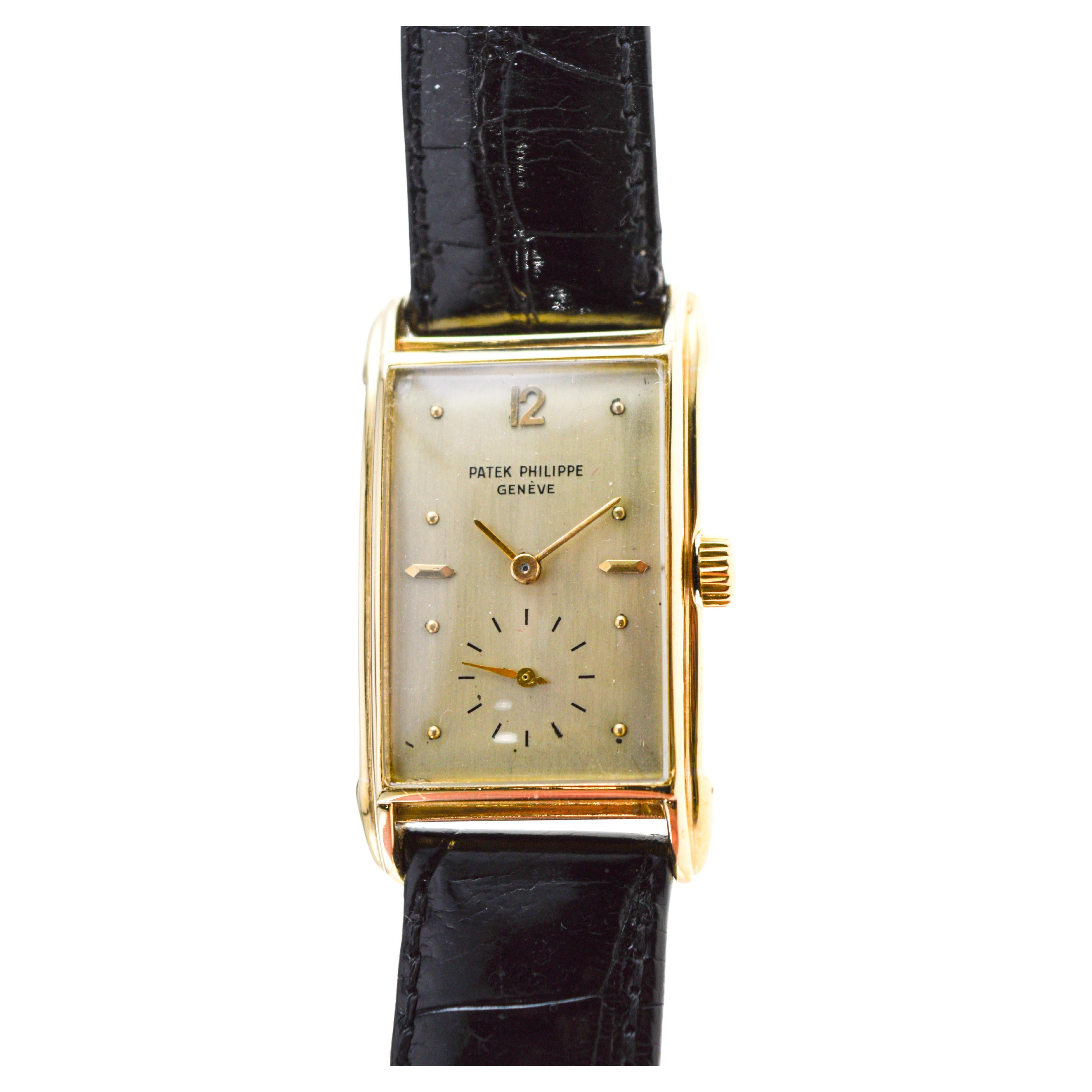 Women's or Men's Patek Philippe Yellow Gold Art Deco Style Manual Watch, circa 1948 with Archival For Sale