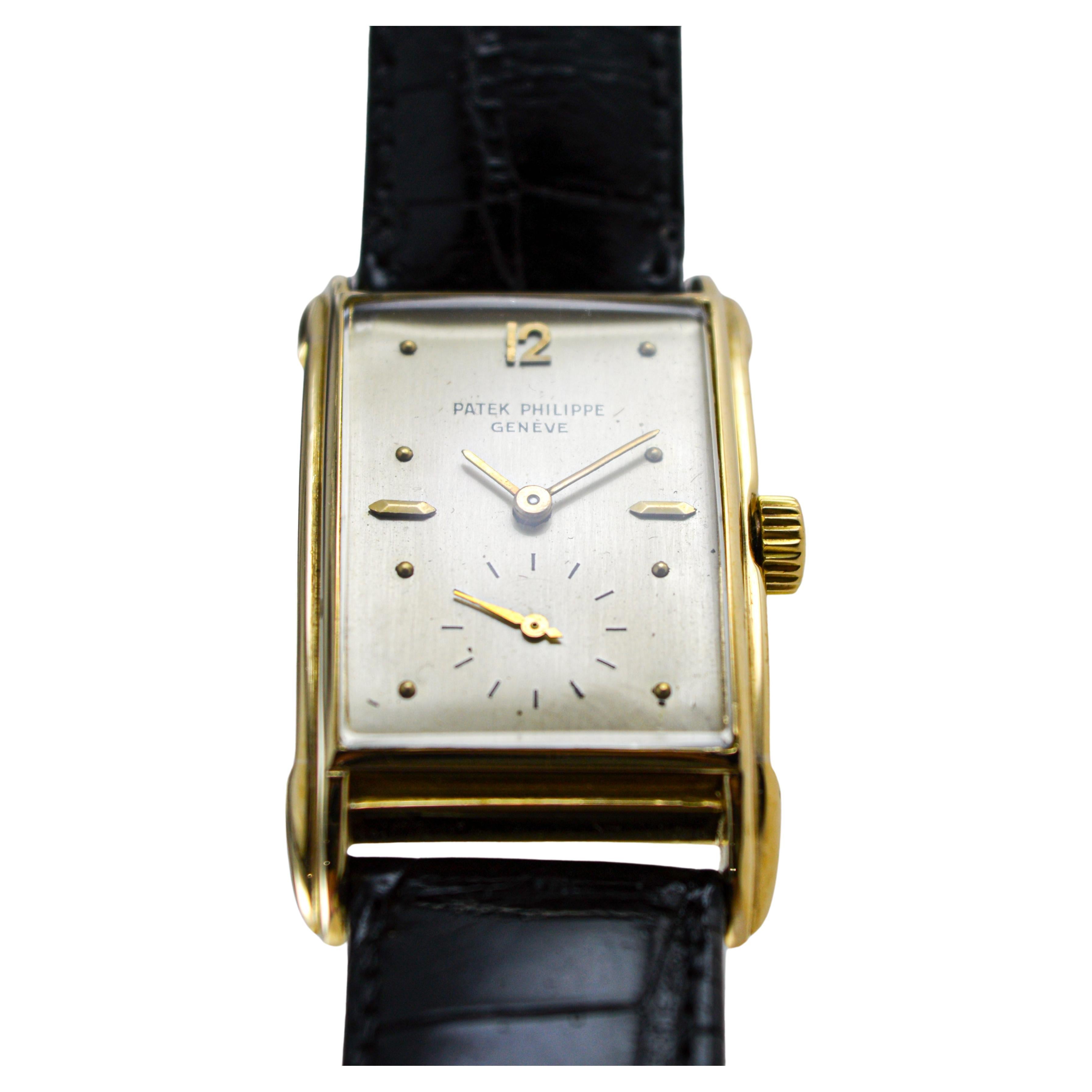Patek Philippe Yellow Gold Art Deco Style Manual Watch, circa 1948 with Archival For Sale 1