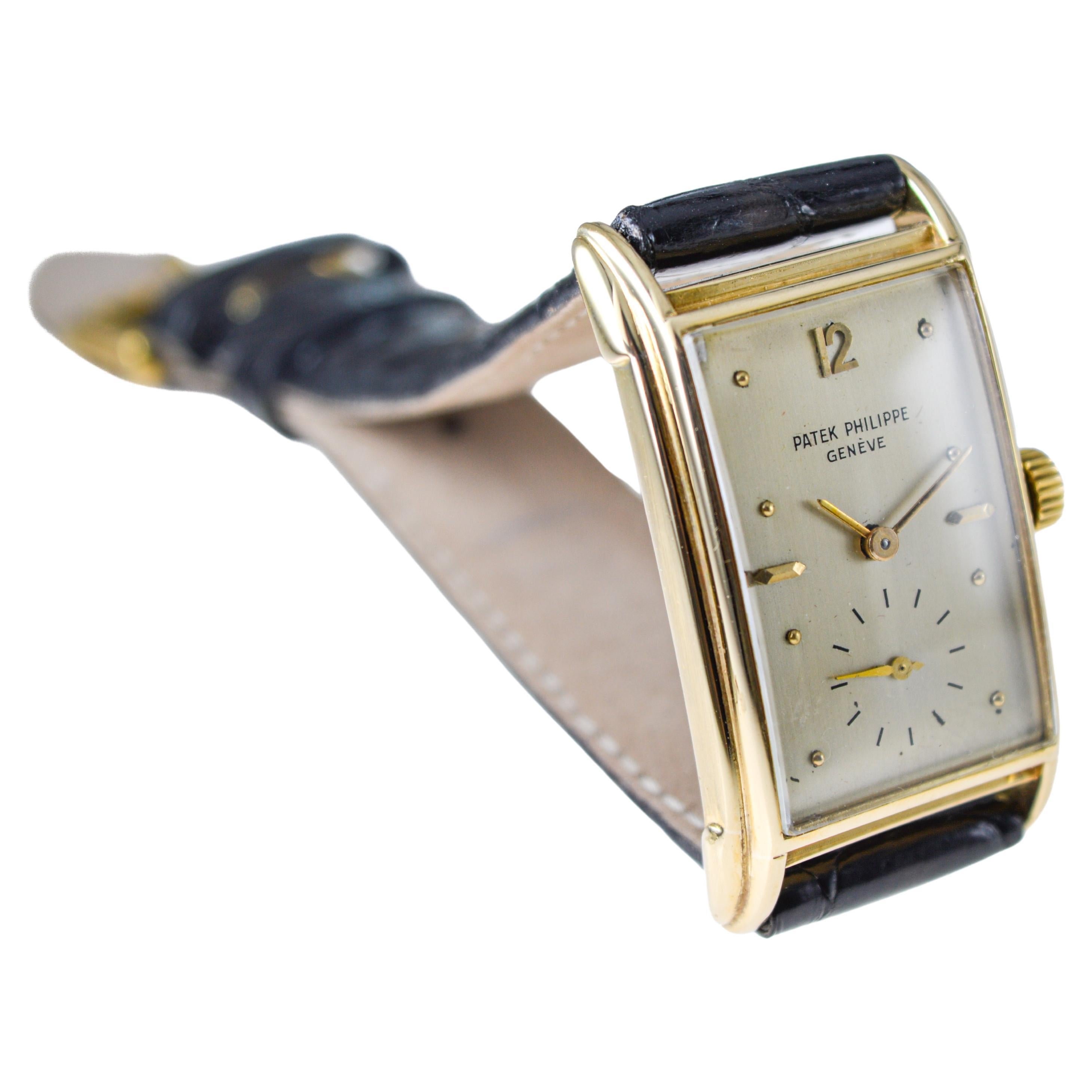 Patek Philippe Yellow Gold Art Deco Style Manual Watch, circa 1948 with Archival For Sale 3