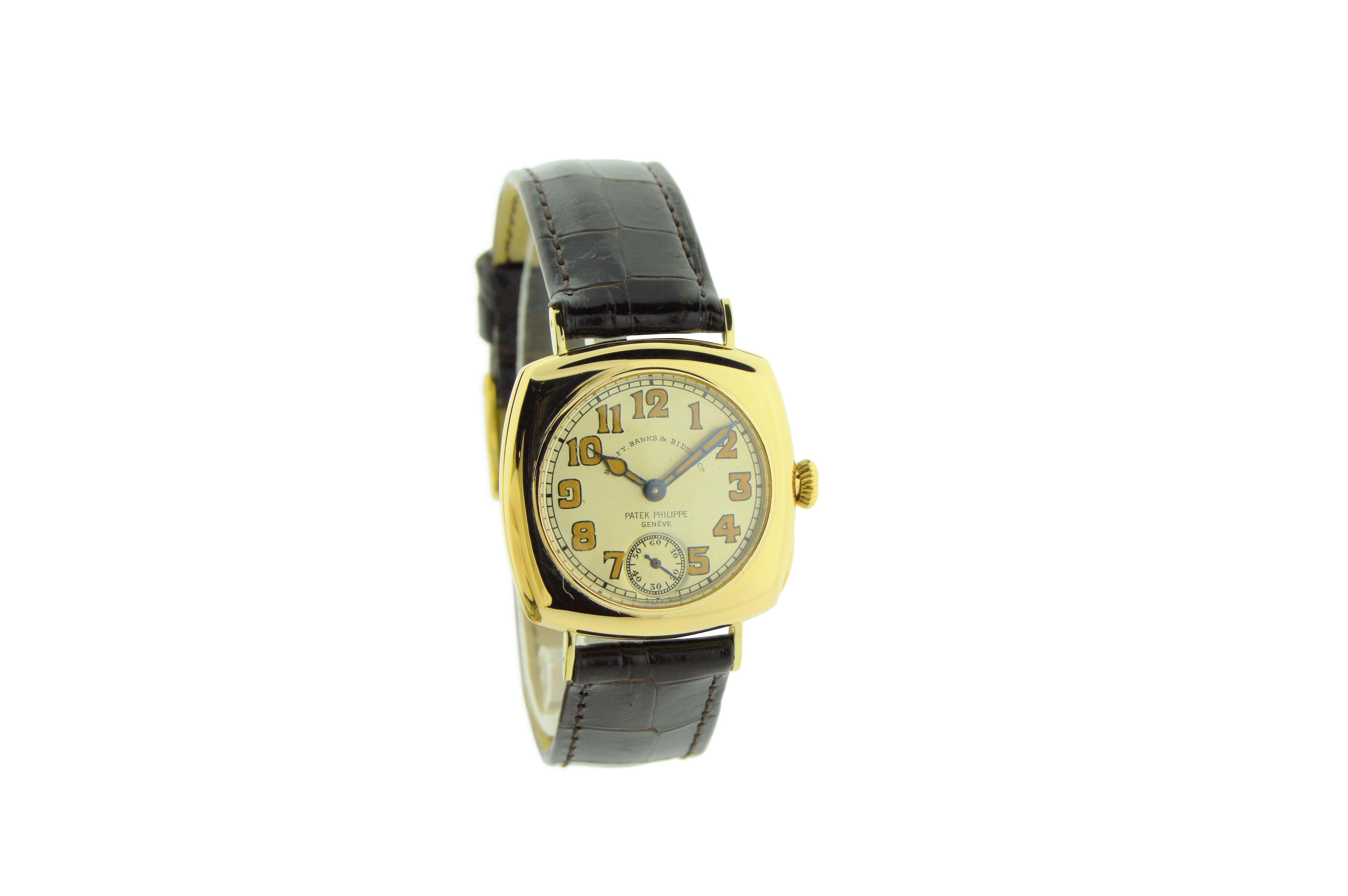 FACTORY / HOUSE: Patek Philippe and Company
STYLE / REFERENCE: Cushion Shape / Art Deco
METAL / MATERIAL: 18 Kt. Yellow Gold
DIMENSIONS: 38mm X 30mm
CIRCA / YEAR: 1917
MOVEMENT / CALIBER: Manual Winding / 15 Jewels 
DIAL / HANDS: Silvered with Kiln