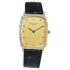 Retro Patek Philippe Yellow Gold Diamond Bezel Tortue Quartz Dress Watch