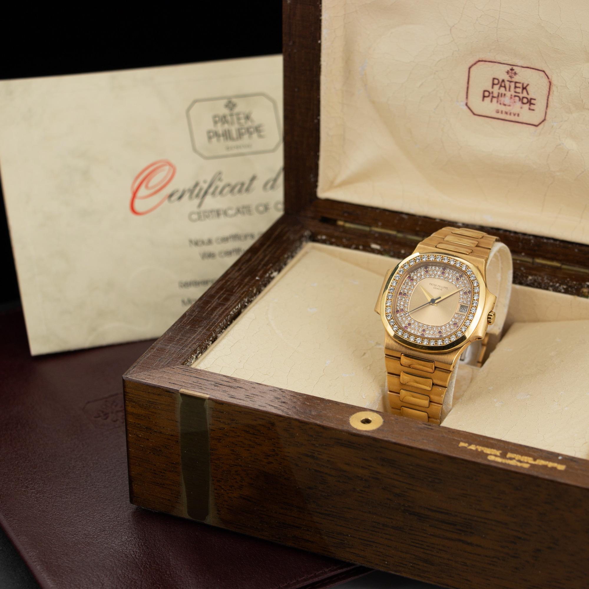 Modern Patek Philippe Yellow Gold Diamond Ruby Nautilus Wristwatch Ref 3800