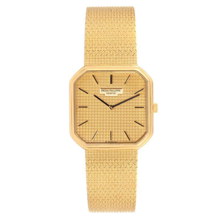 Patek Philippe Yellow Gold Linen Pattern Dial Mechanical Mens Watch 3854 In Excellent Condition For Sale In Atlanta, GA