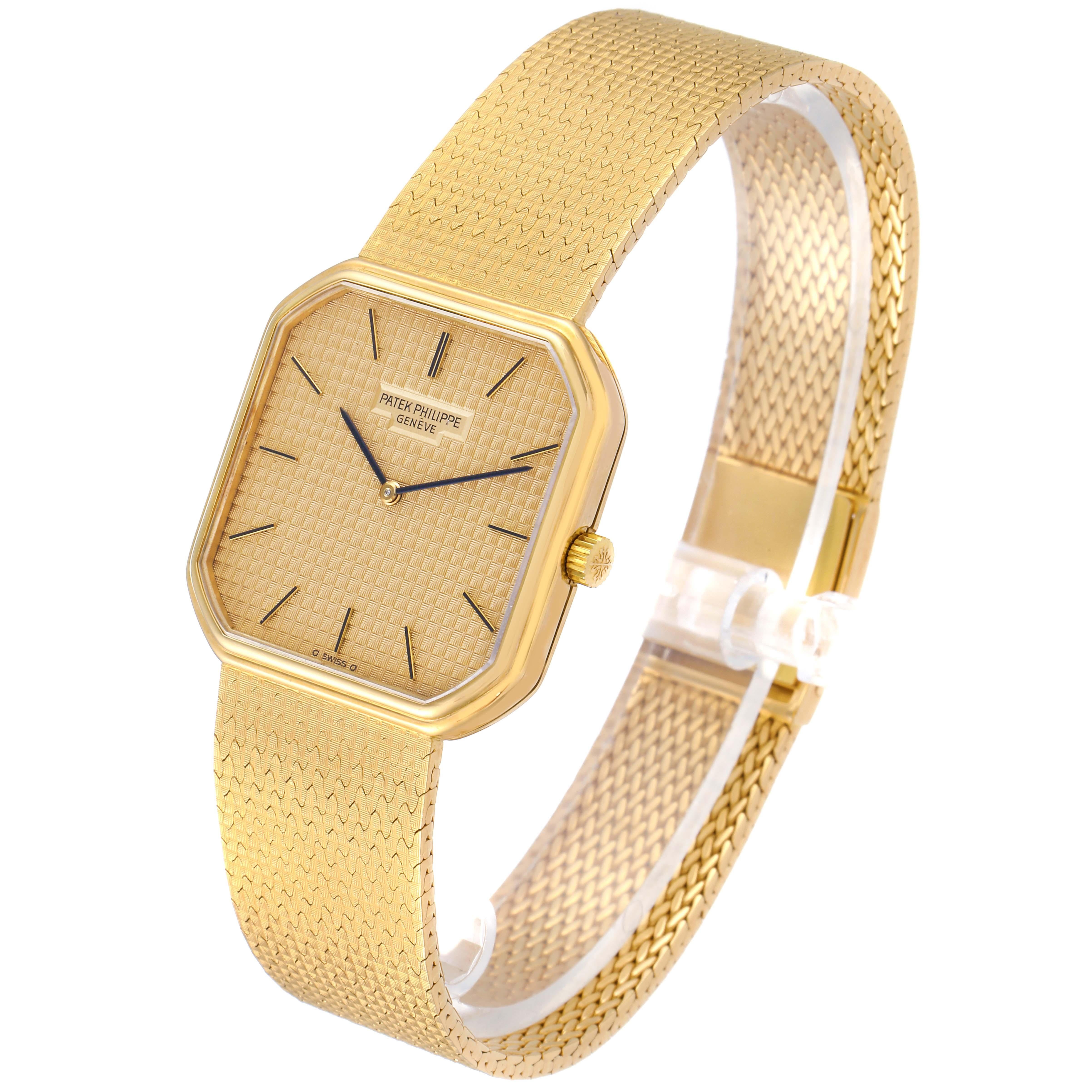 Mechanische Herrenuhr von Patek Philippe, Gelbgold Leinenmuster Zifferblatt 3854 im Angebot 2