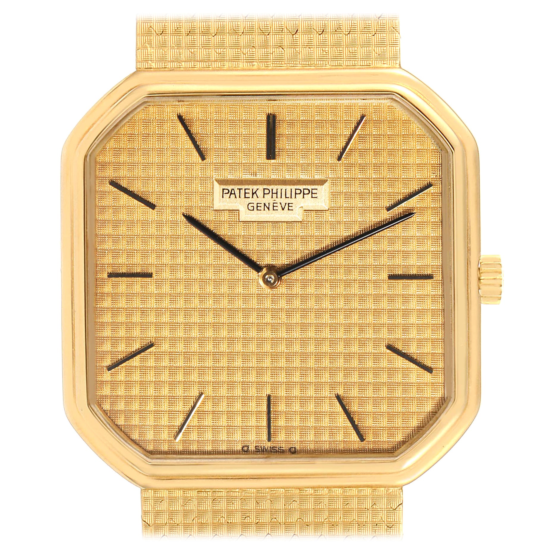 Mechanische Herrenuhr von Patek Philippe, Gelbgold Leinenmuster Zifferblatt 3854 im Angebot