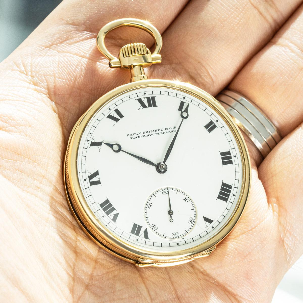 Patek Philippe. An 18ct Yellow Gold Open Face Keyless Lever Pocket Watch C1910

Dial: A beautiful and unusual white enamel dial fully signed Patek Philippe & Cie Geneve Switzerland with Roman numerals outer minute track and subsidiary seconds dial