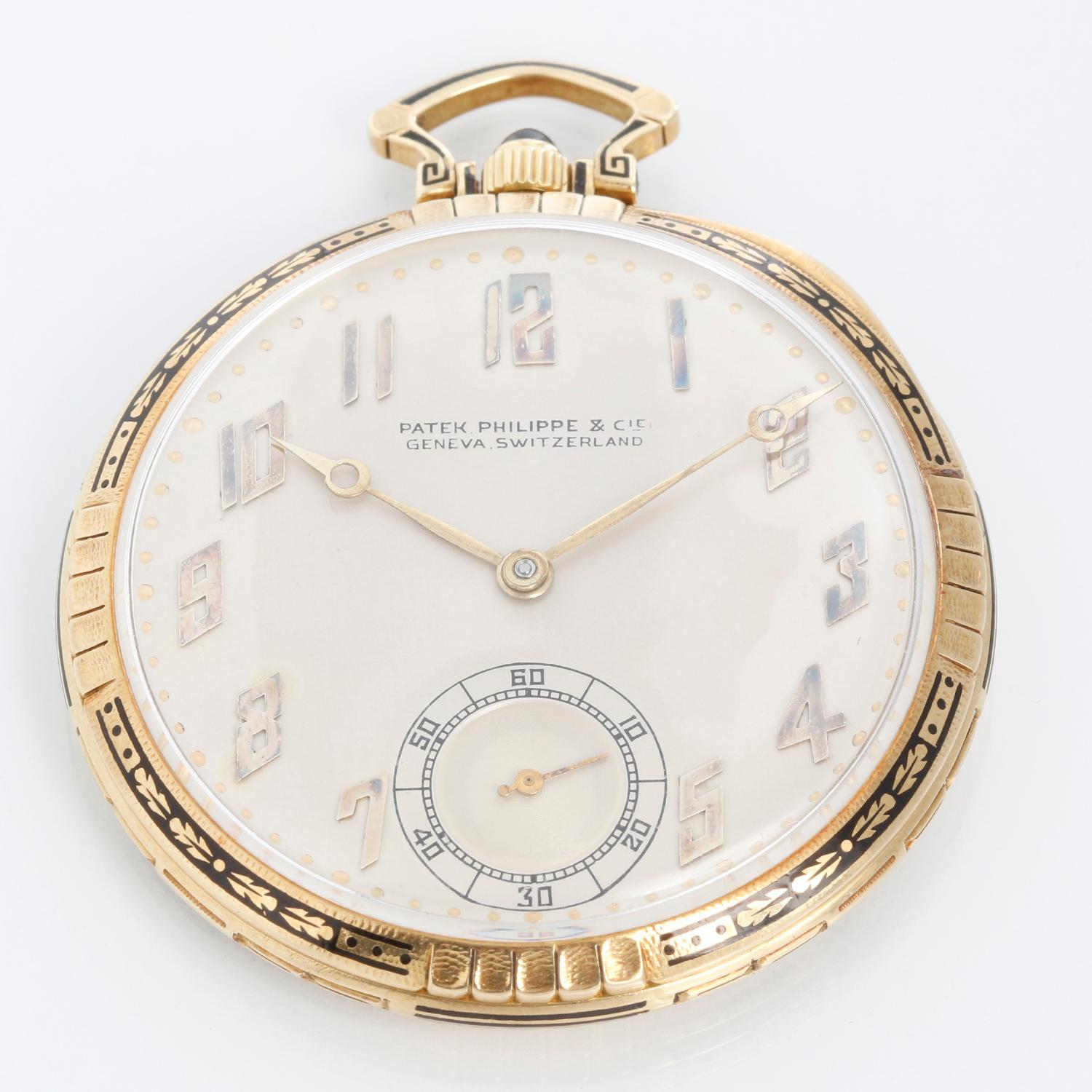 Patek Philippe Yellow Gold Pocket Watch - Manual winding . 18K Yellow Gold Case, monogrammed. Signed Patek Philippe & Co. ( 45 mm ) with black enamel . Silver dial with Arabic raised numbers . Pre-owned with custom box .