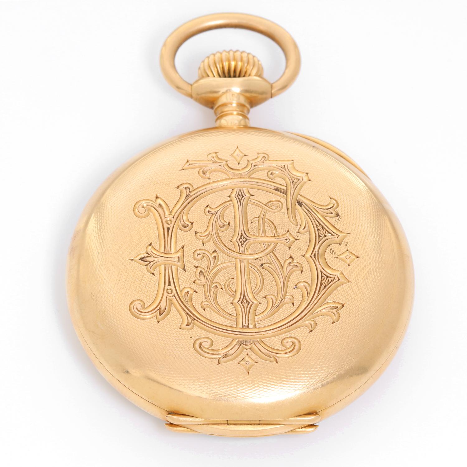 Vintage Patek Philippe Gondolo 18k Yellow Gold Open Face Pocket Watch -  Manual winding. Huge 18k yellow case with very unique raised design on case back  (55mm diameter). Single sunk dial porcelain with black Roman numerals. Pre-owned, vintage