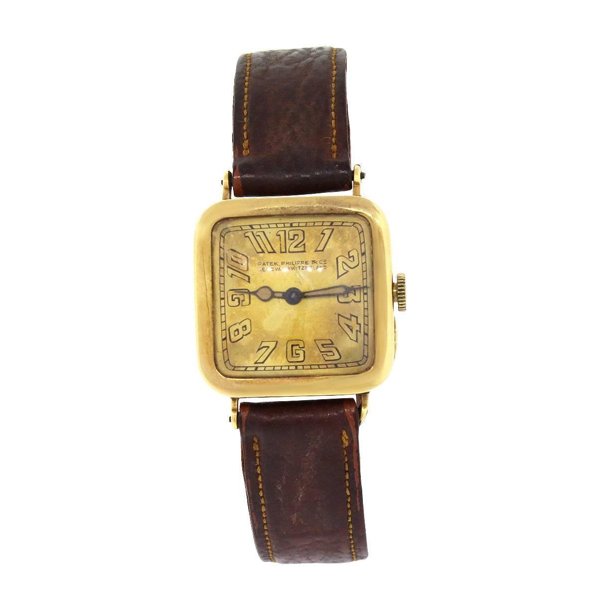 Brand: Patek Philippe
Model: Circa 1920
Case Material: 18k Yellow Gold
Case Diameter: 25mm
Crystal: Plastic
Bezel: 18k yellow gold
Dial: champagne arabic dial with gold/black hands
Bracelet: Adjustable Brown leather strap
Size: Will fit a 6.5″