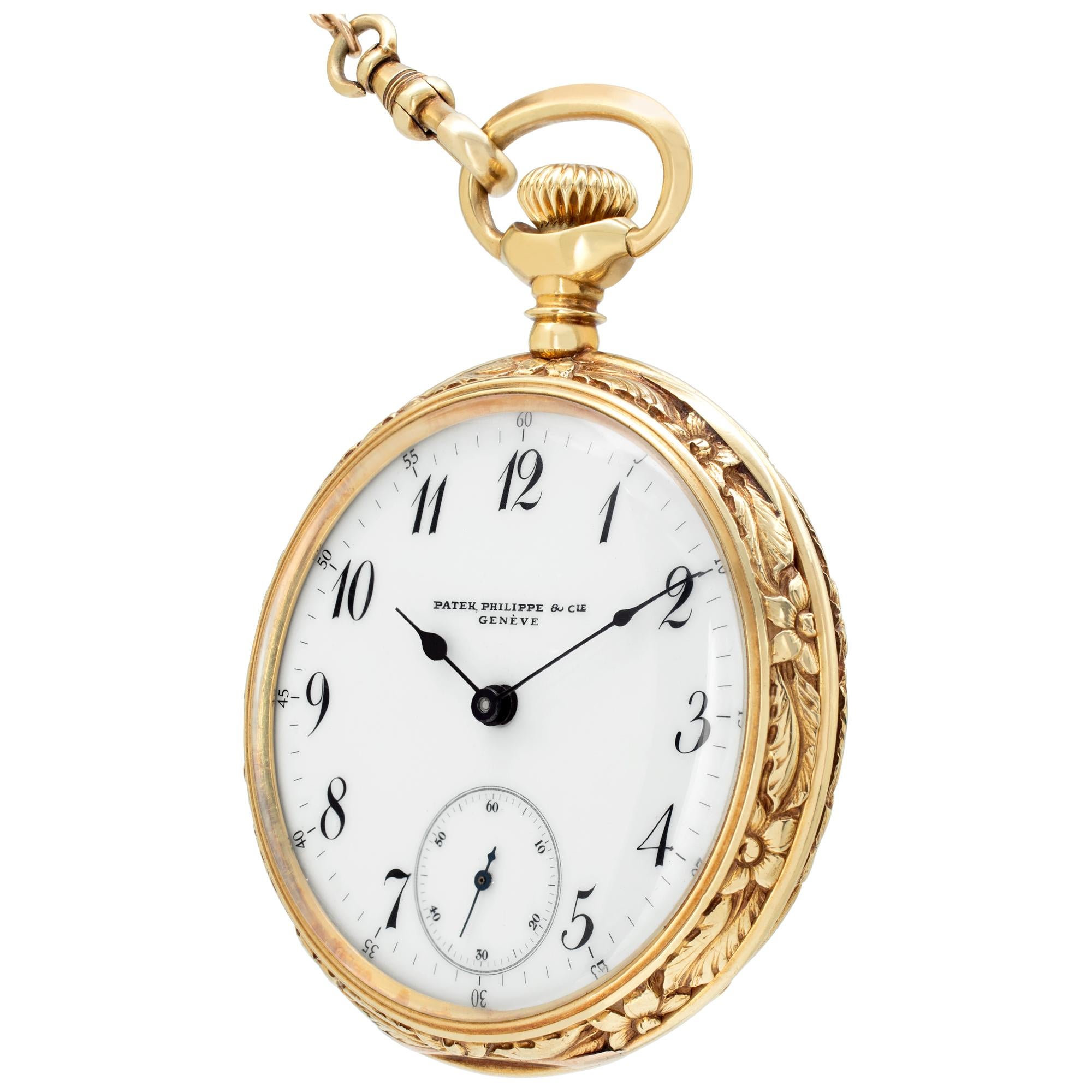 Patek Philippe open face pocket watch in with contract 18k yellow gold case with double dust cover. Presentation watch dated December 25, 1909. With subseconds. With snail regulator & high-grade wolfs teeth gears. 47 mm case size. Fine Pre-owned