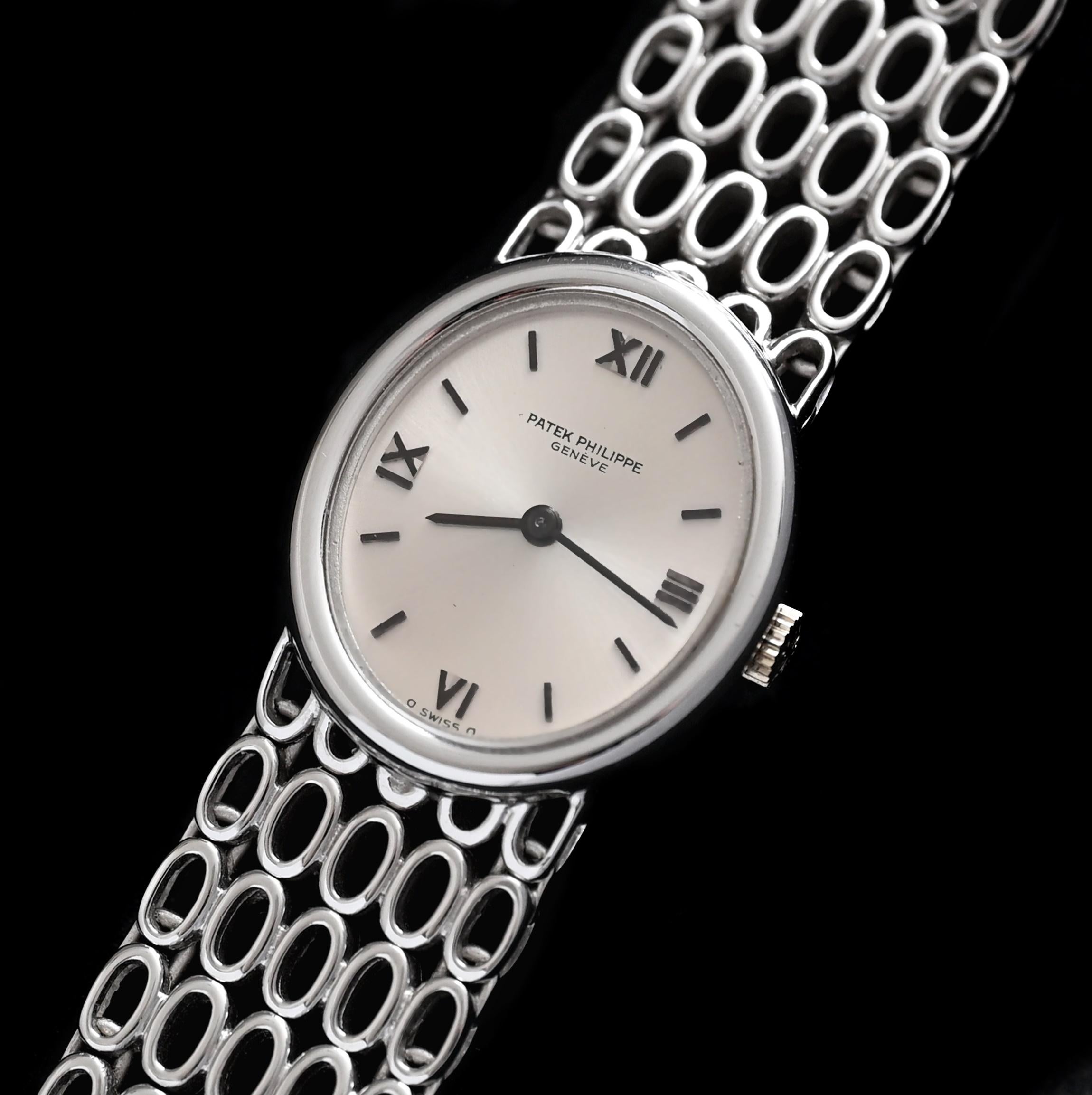 Brand: Patek Philippe
Year: 1970’s
Model: 4180/1
Movement number: 27xxxxx / 12xxxxx
Reference: OT2268

Case: 18K White Gold Case shows sign of wear with slight polish from previous; case size approximately 21 x 24mm without crown

Dial: Good