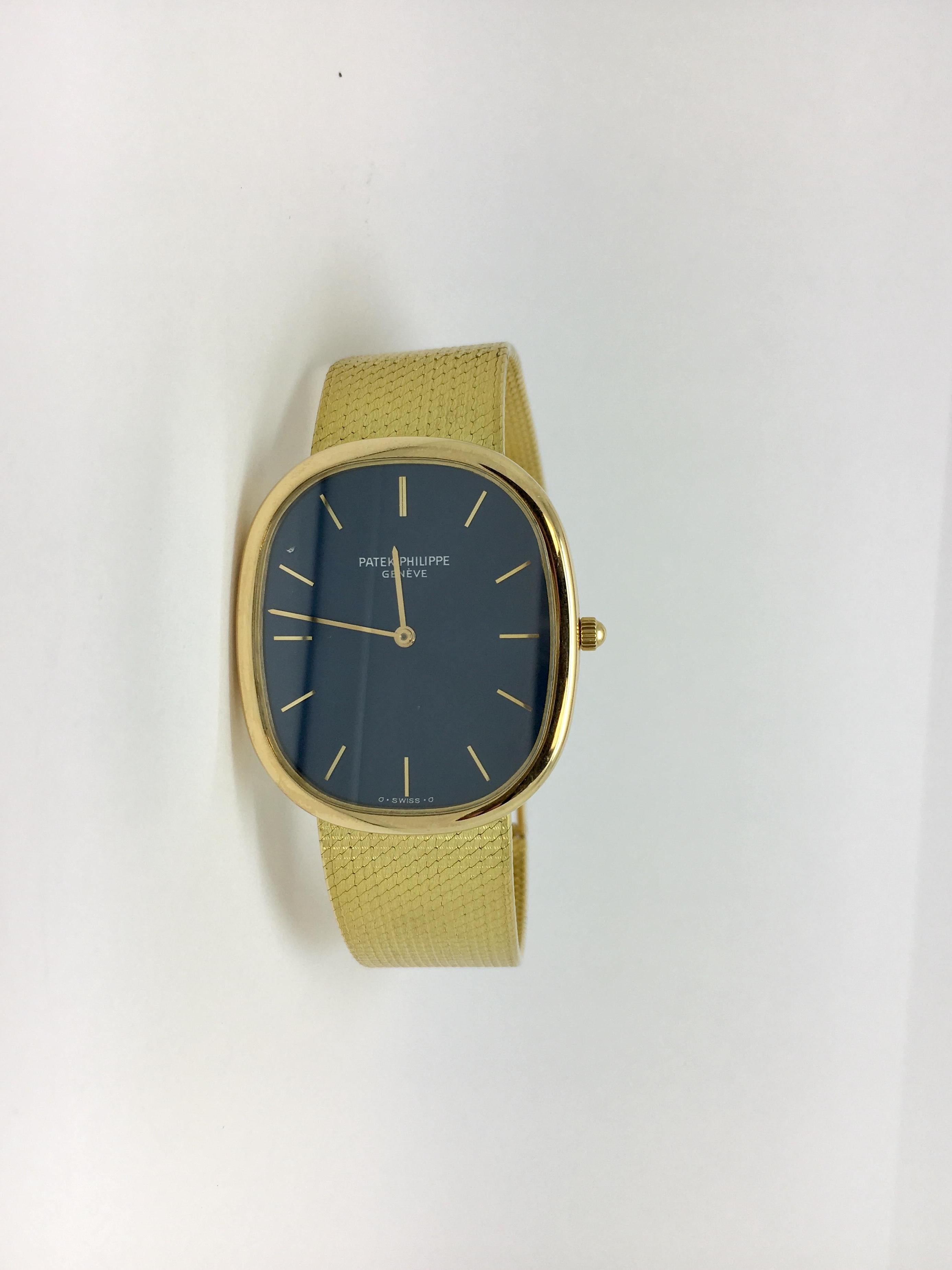 One pre-owned Patek Philippe Ellipse 30mm time piece 18 karat yellow gold. Model reference number 3738 The inside wrist approximate measurement 7 inches, approx weight 29 grams.  The bracelet clasp is stamped ITALY  18K  00750. Circa 1988
