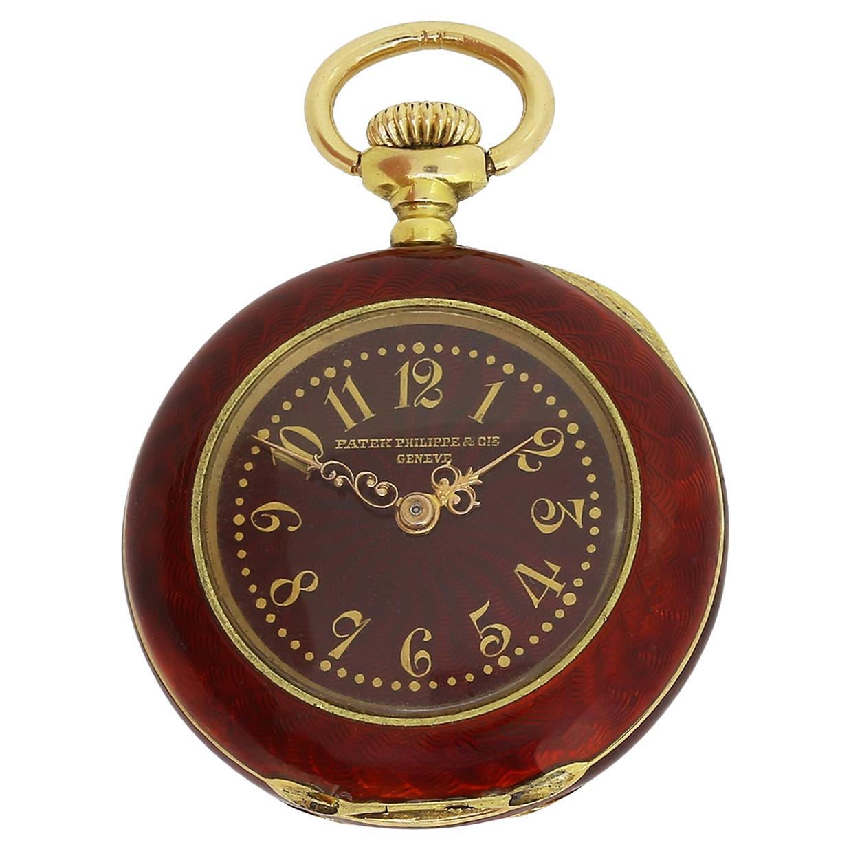Patek Phillipe Red Guilloché Enamel Pendant Watch For Sale