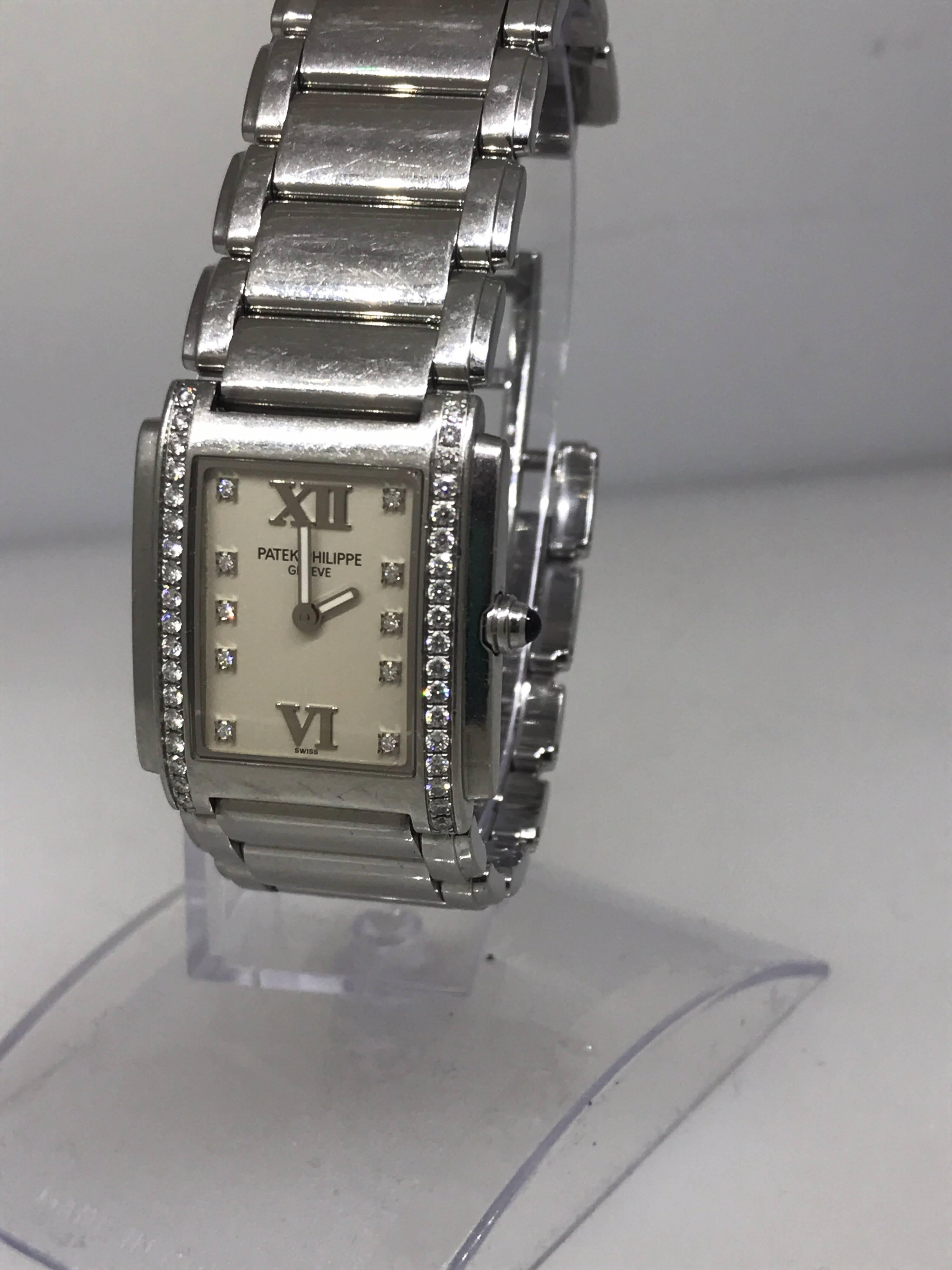 Women's Patek Phillipe Twenty 4 Stainless Steel Diamond White Dial Lady's Watch 4910/10A For Sale