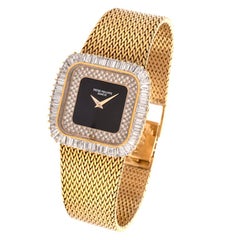 Patek Phillipe Vintage Baguette Diamond Onyx 18K Yellow Gold Watch Ref 3625-1