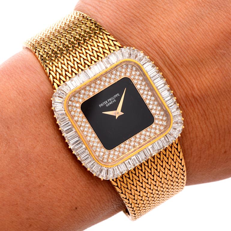 Retro Patek Phillipe Vintage Baguette Diamond Onyx 18K Yellow Gold Watch Ref 3625-1
