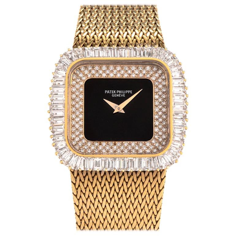 Patek Phillipe Vintage Baguette Diamond Onyx 18K Yellow Gold Watch Ref 3625-1