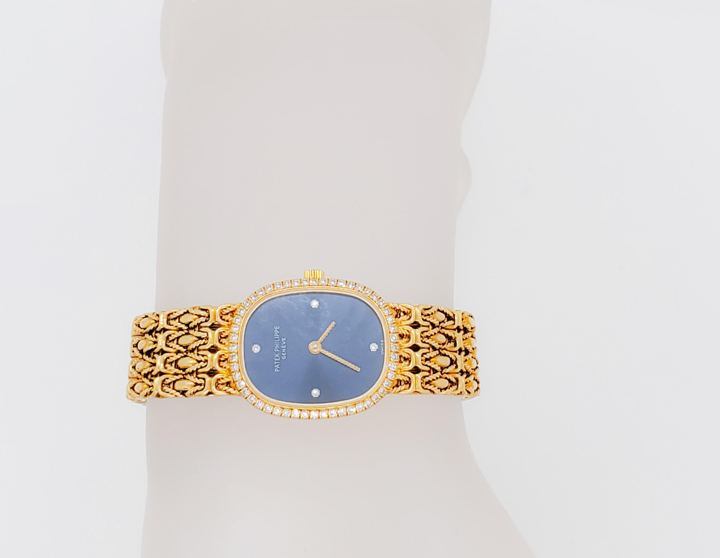 Round Cut Patek Phillippe Blue Face Diamond and 18k Yellow Gold Women's Watch