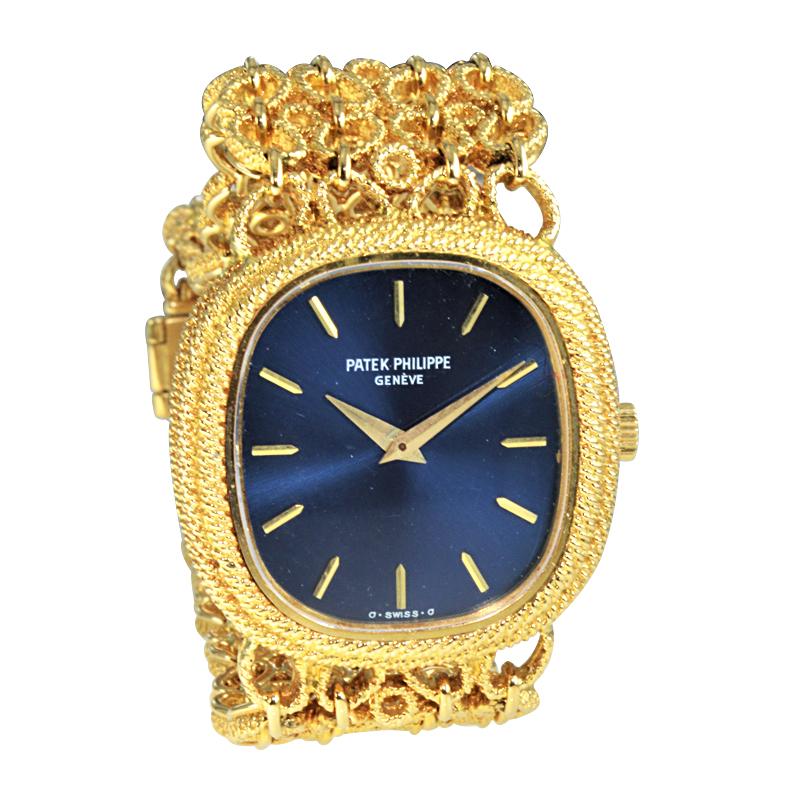 FACTORY / HOUSE: Patek Philippe 
STYLE / REFERENCE: Dress Link Bracelet Watch / Ref. 4285 / 1
METAL / MATERIAL: 18Kt. Yellow Gold
DIMENSIONS: Length 26mm  X Width 25mm
CIRCA: 1980
MOVEMENT / CALIBER: 18 Jewels / Manual Winding / Cal. 16.250
DIAL /