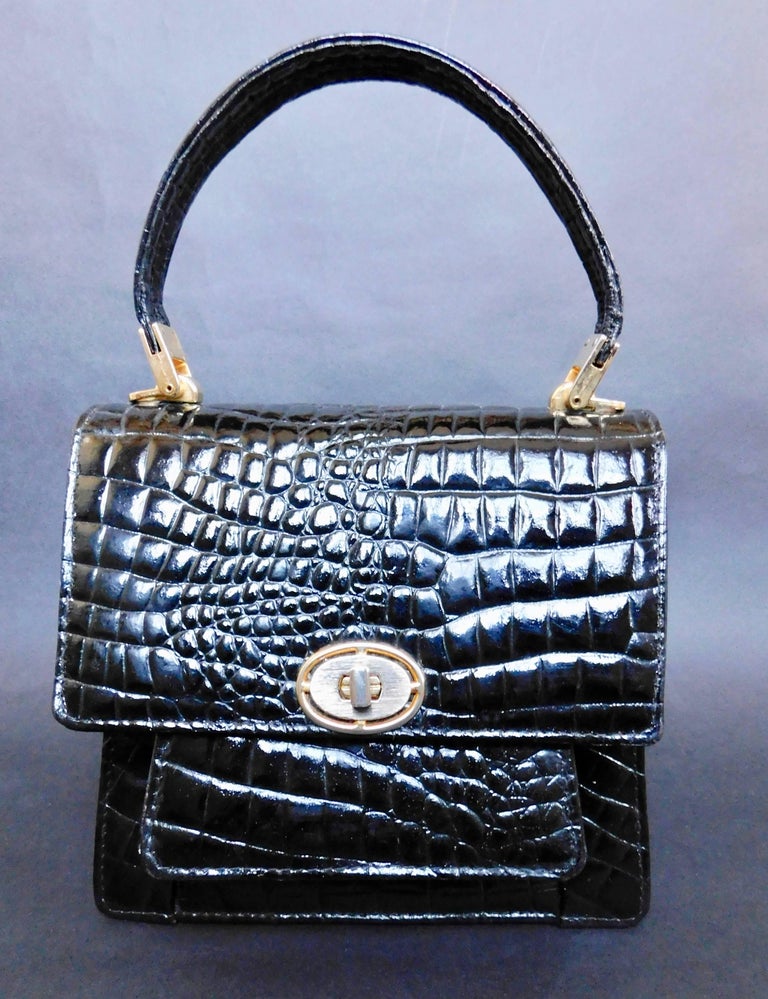 Patent Leather Stamped Vintage Handbag with Gold Hardware For Sale at 1stdibs
