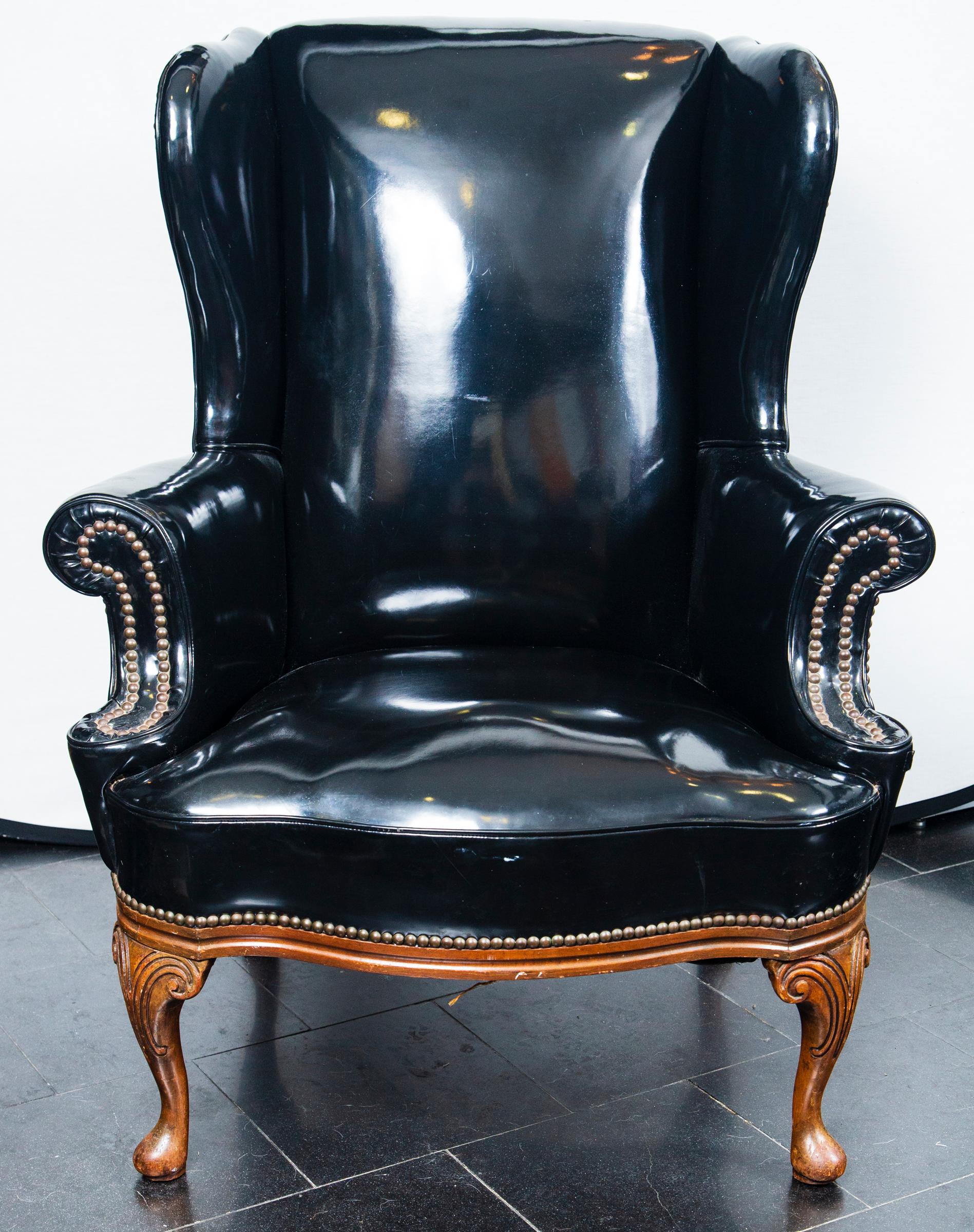 Patent Leather Wing Chair In Excellent Condition For Sale In Stamford, CT