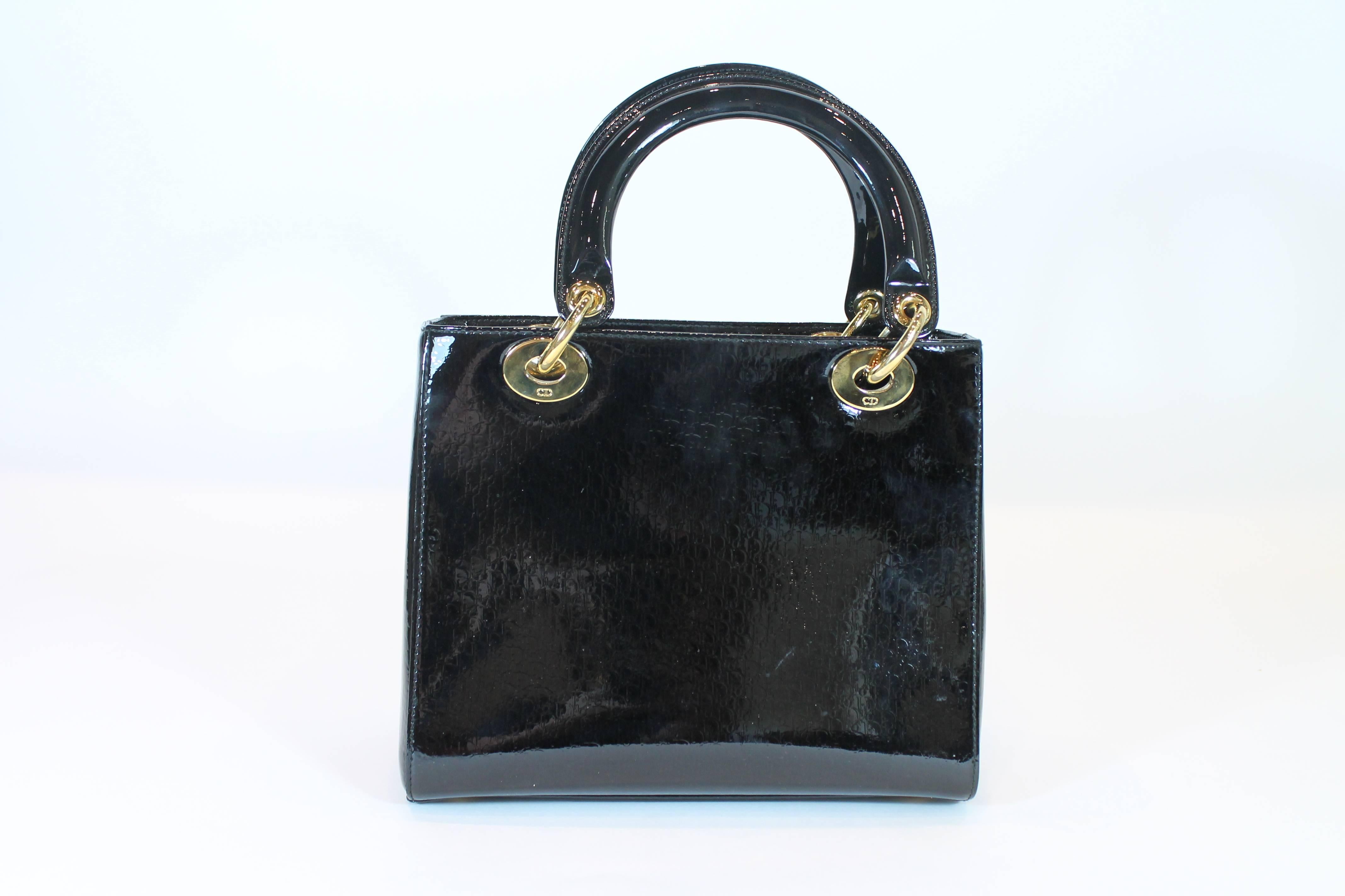 Lady Dior Black Patent leather Medium Bag In Excellent Condition In Roslyn, NY