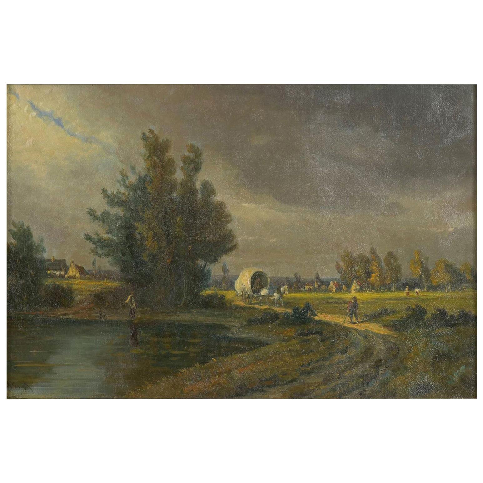 “Path to Town” Antique Landscape Oil Painting, Signed Illegibly, 19th Century