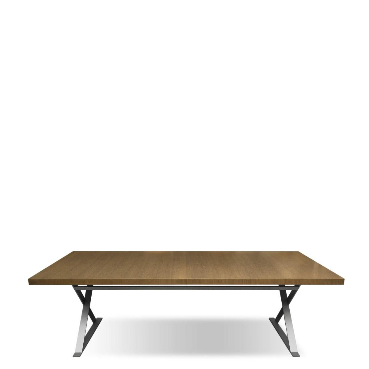 The Max dining table with cerused oak wood top and metal base by Antonio Citterio for B&B Italia. Made in Italy, circa 2000. 

The wood top features a marsh brown finish and sits on a nickel painted finished base.

Dimensions: 94.5 inches L x 35.5