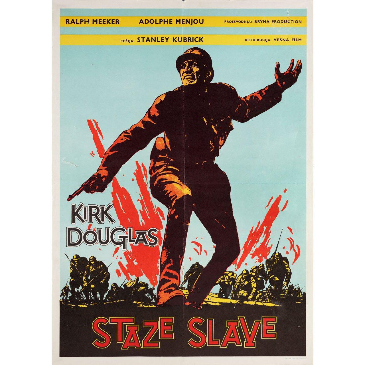 Original 1960s Yugoslav B2 poster for the first Yugoslav theatrical release of the 1957 film Paths of Glory directed by Stanley Kubrick with Kirk Douglas / Ralph Meeker / Adolphe Menjou / George Macready. Good-Very Good condition, folded w/ paper