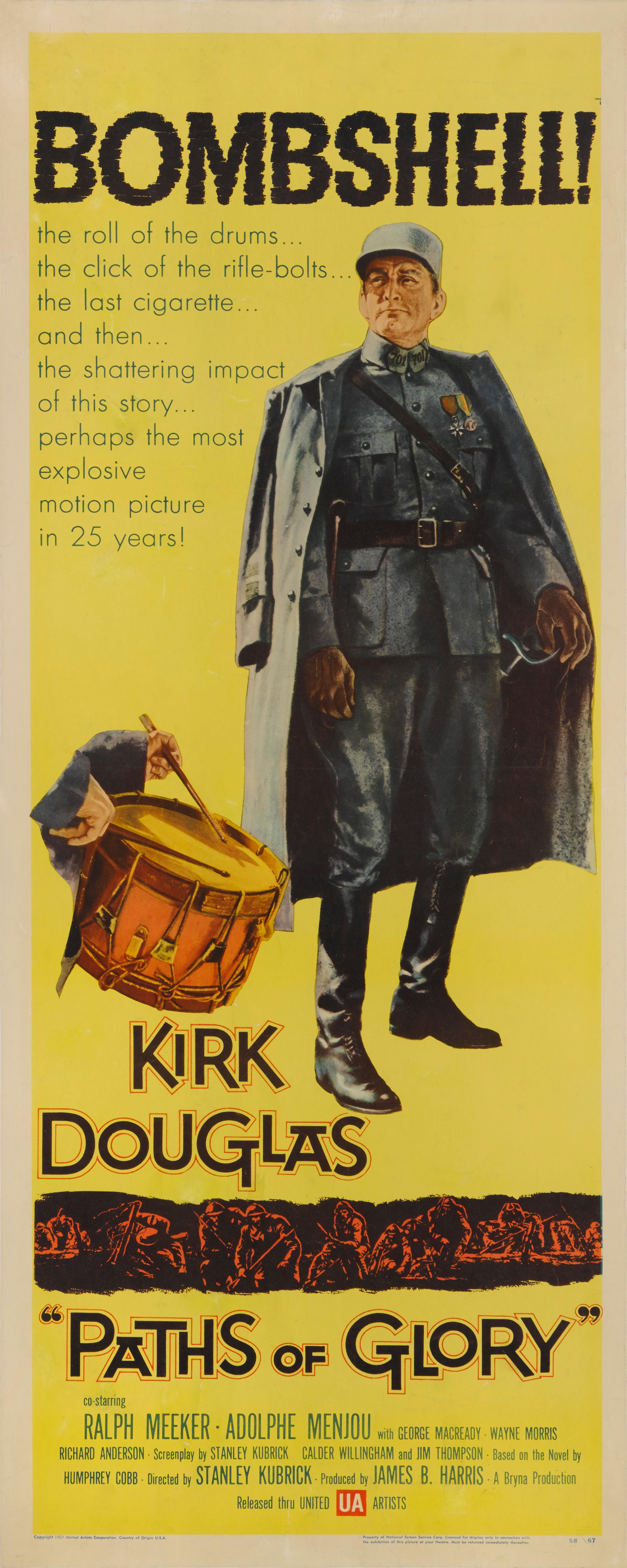 Original US film poster for Paths of Glory (1957)
This war film set in World War 1 was directed by Stanley Kubrick. And starred Kirk Douglas, Adolphe Menjou.
 