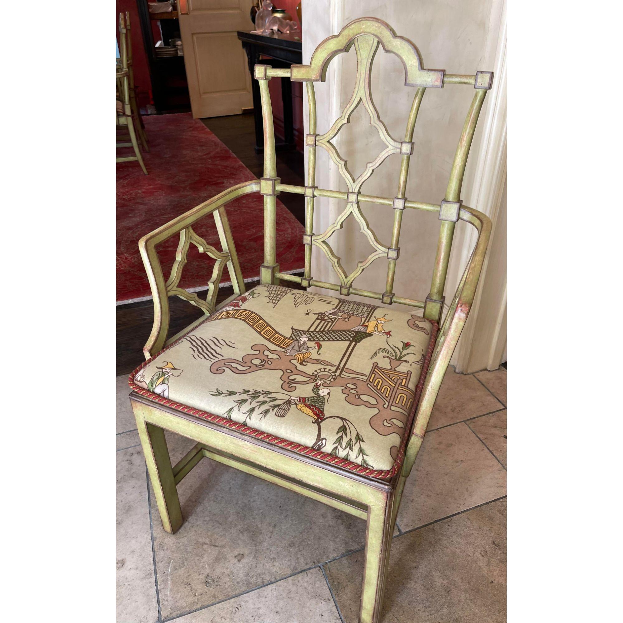 Patina furniture Company green Chinoiserie faux bamboo dining arm chair. Each with a custom chinoiserie seat cushion and cane seat. Signed Patina.

Additional information: 
Materials: caning, faux bamboo
Color: olive
Period: 1990s
Styles: