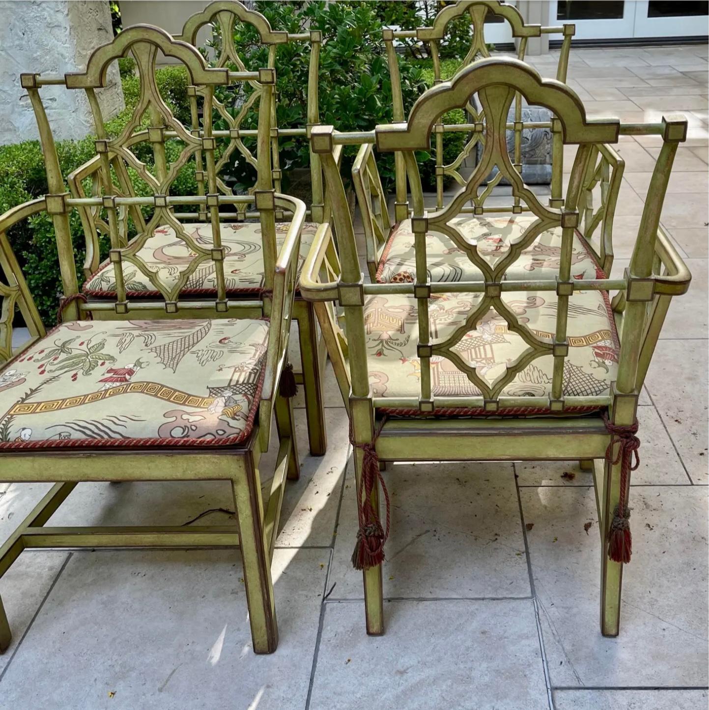 Priced each.
Patina Furniture Company Green Chinoiserie Faux Bamboo Dining Arm Chair
This listing is for 1 chair but we have 3 available. 
