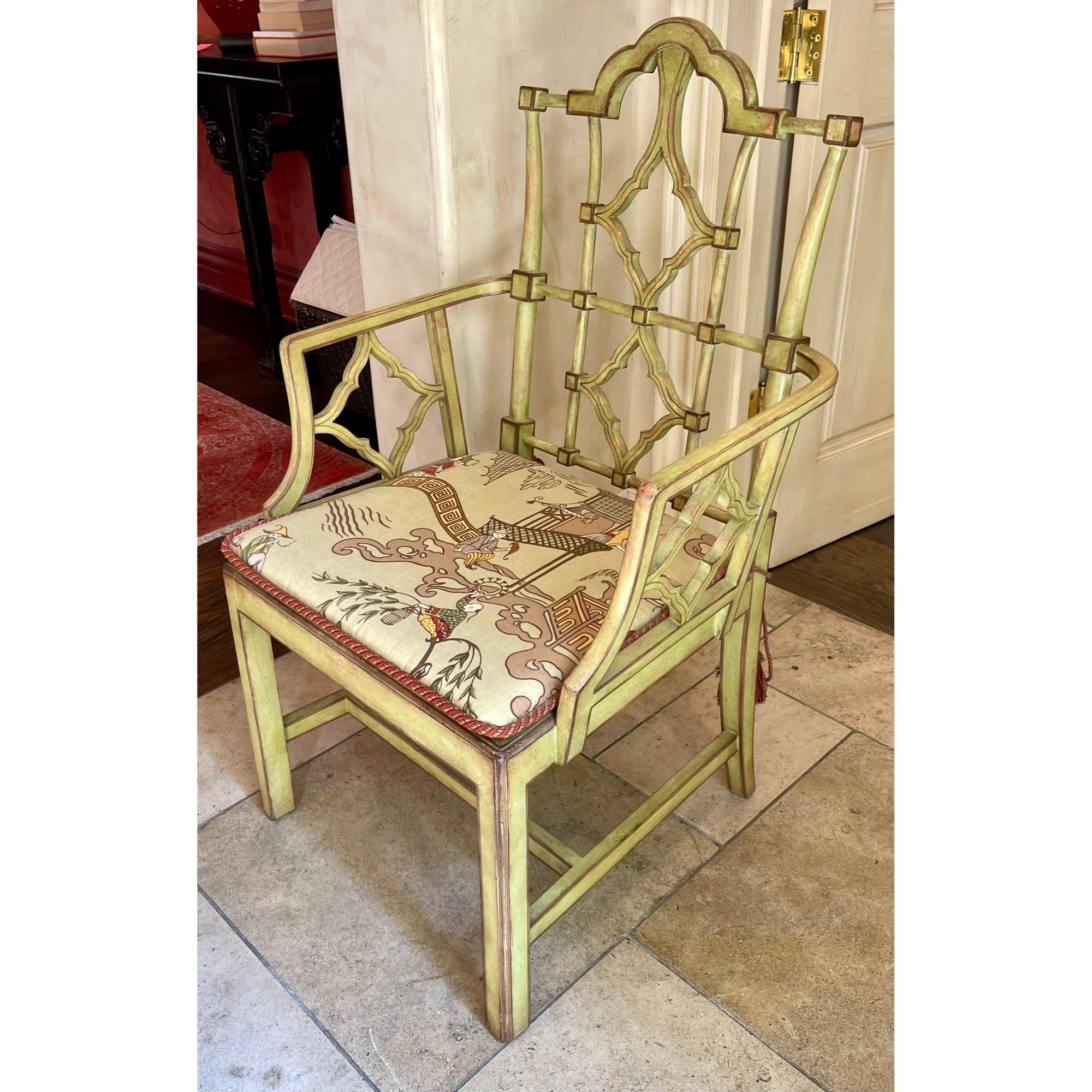 Patina Furniture Company Green Chinoiserie Faux Bamboo Dining Arm Chair In Good Condition For Sale In LOS ANGELES, CA