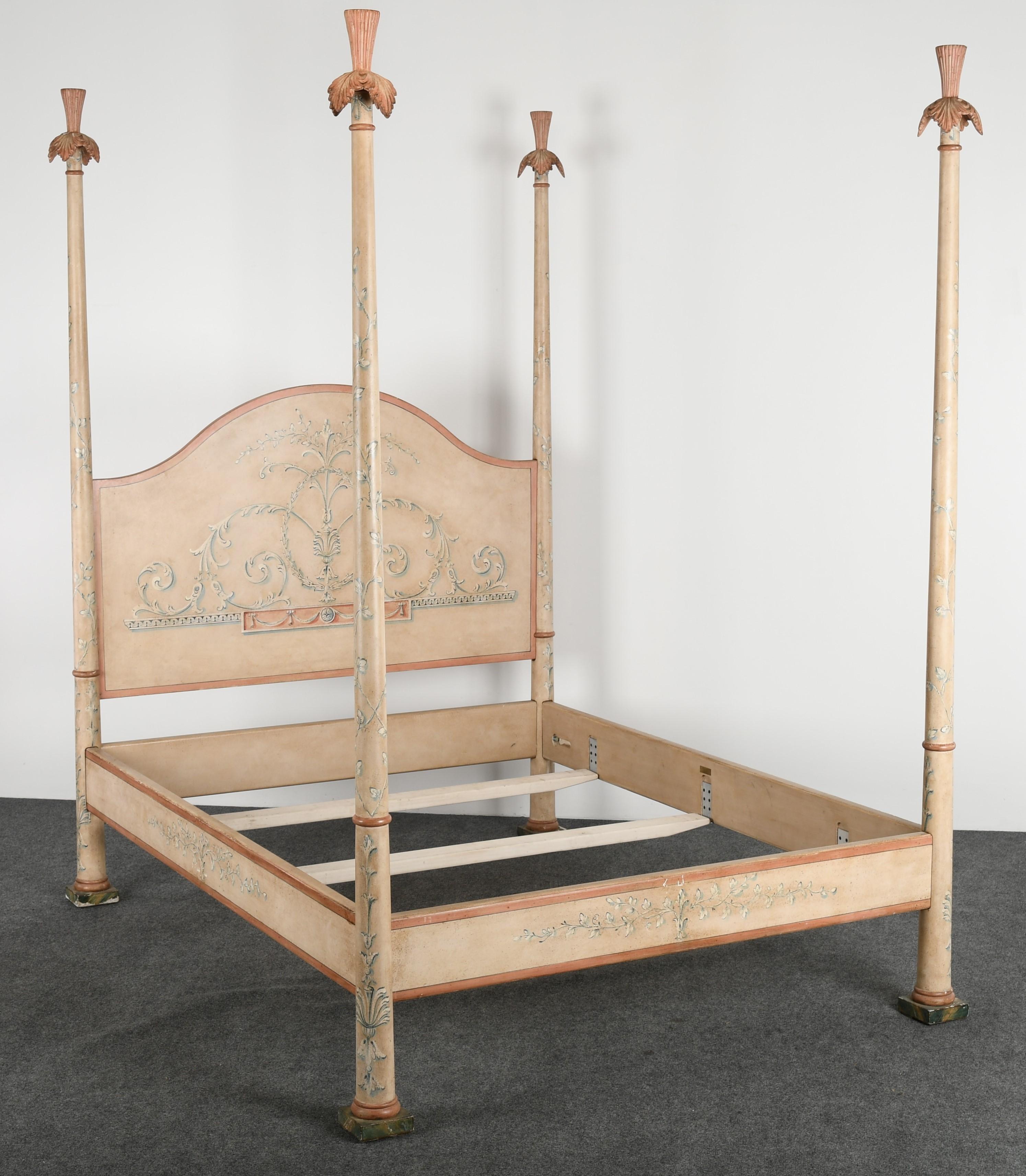 A Queen size Bohemian Italian painted poster bed by Patina Furniture Company, makers of fine painted furniture. Good condition with some paint flaking as shown in images. Age-appropriate wear. This poster bed was approximately $3,000 new.

