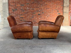 Patinaed Art Deco 1930s French Club Chairs in Tobacco Leather