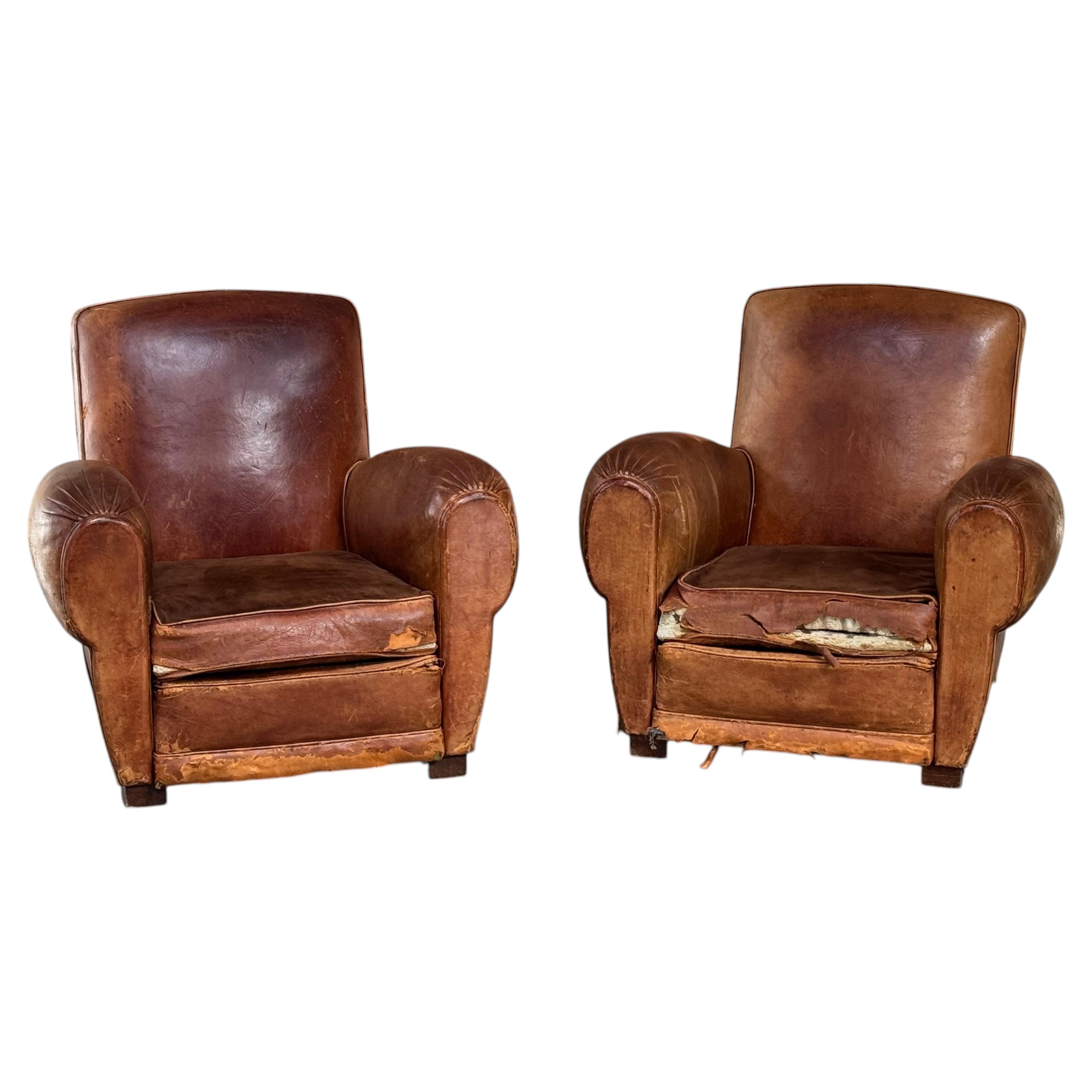 Patinaed Art Deco 1930s French Club Chairs in Tobacco Leather