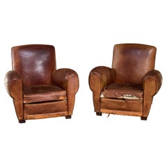 Patinaed Art Deco 1930s French Club Chairs in Tobacco Leather
