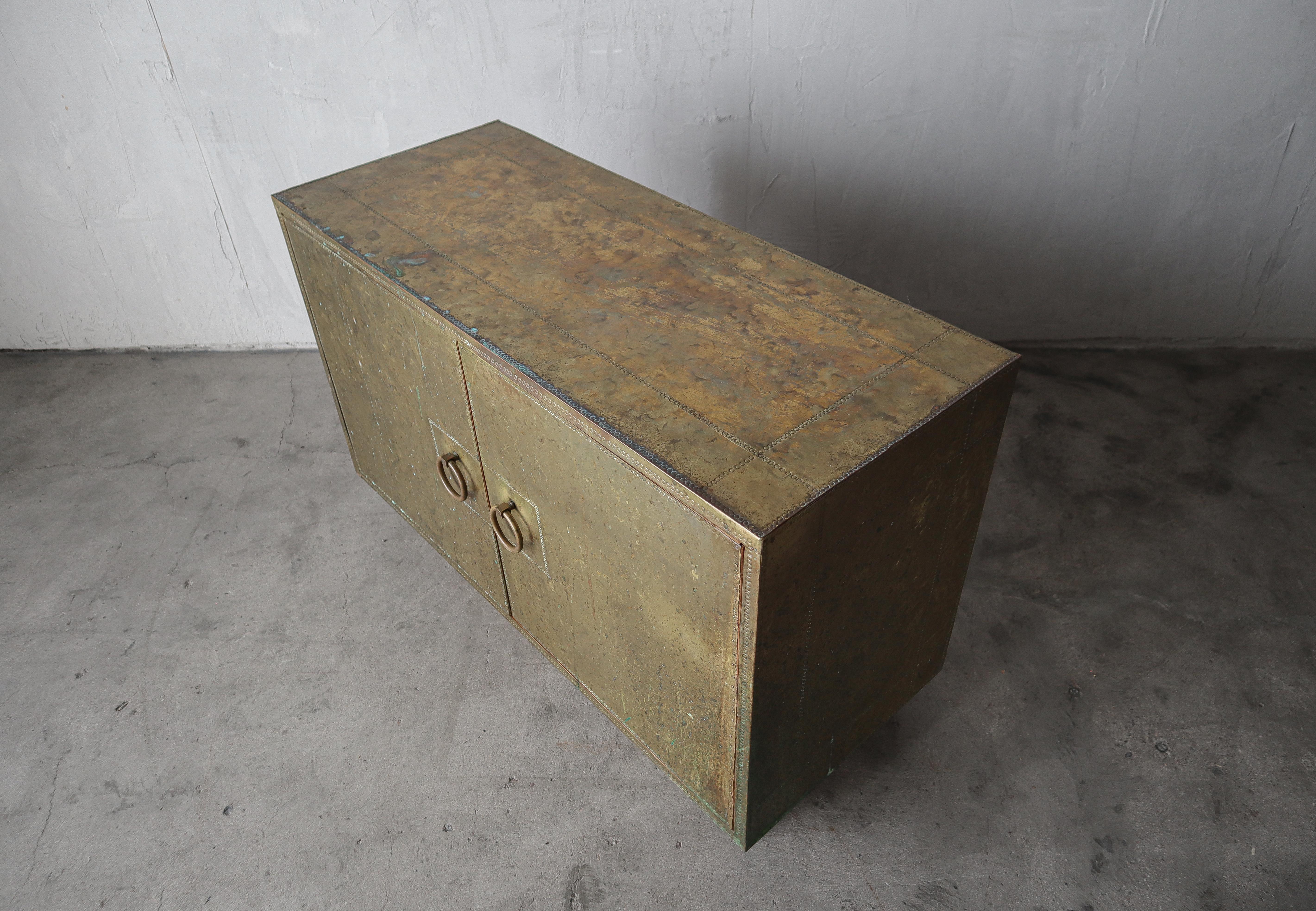 Patinaed Brass Clad Cabinet by Sarreid Spain For Sale 1