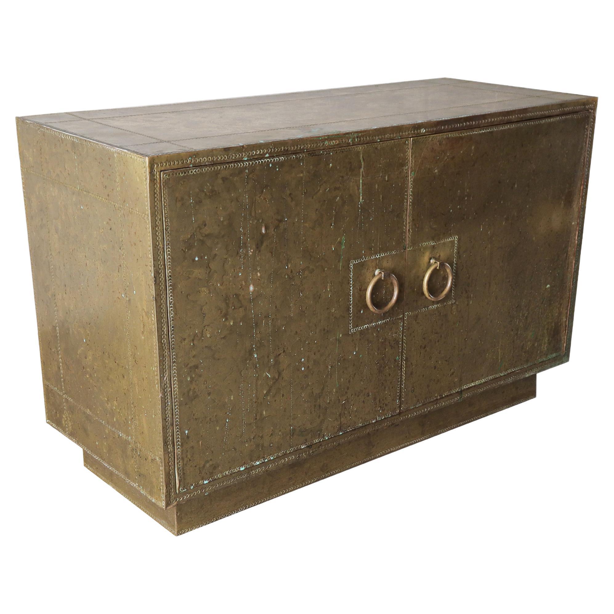 Patinaed Brass Clad Cabinet by Sarreid Spain For Sale